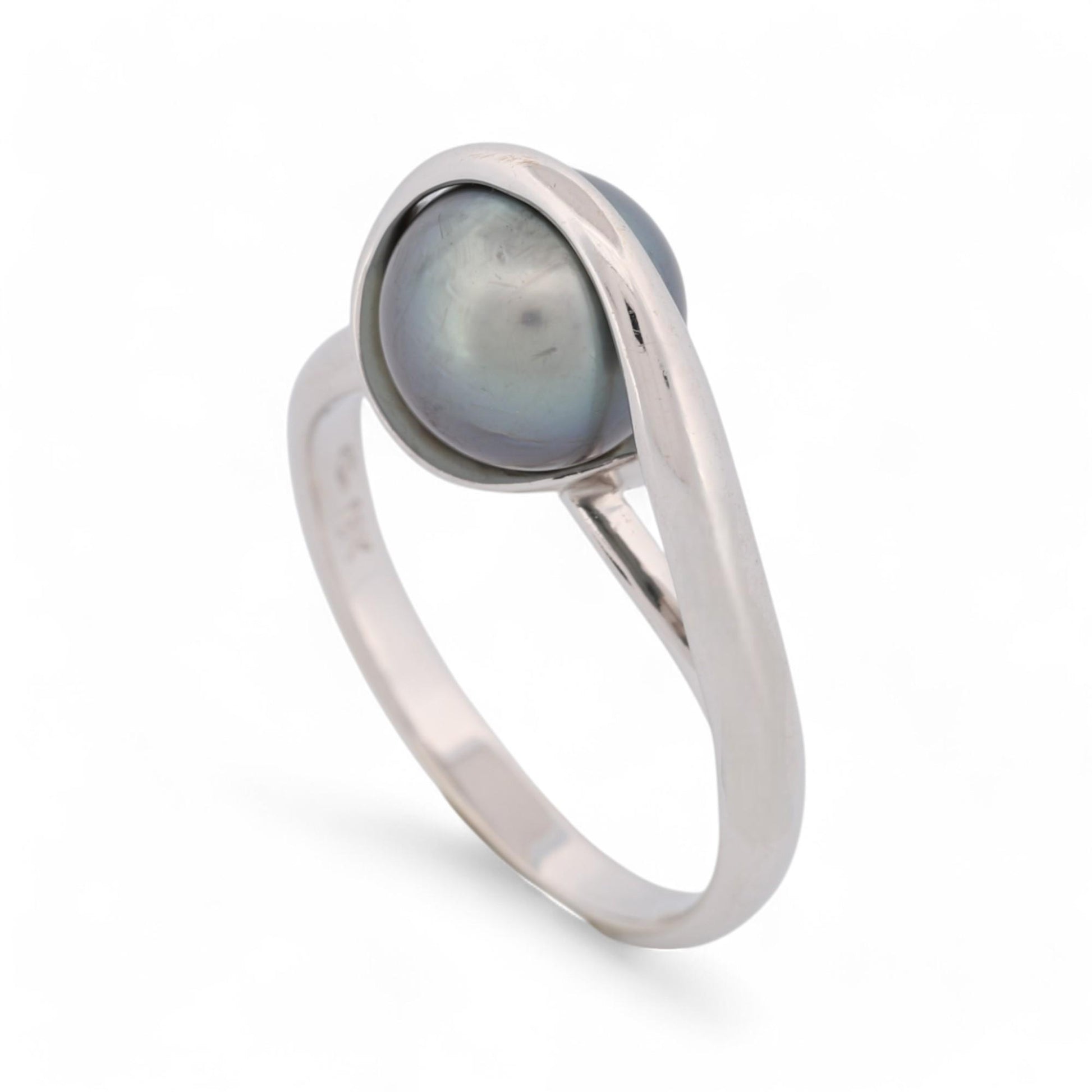 Signed Modern 8mm Tahitian Black Pearl Ring in 18k White Gold