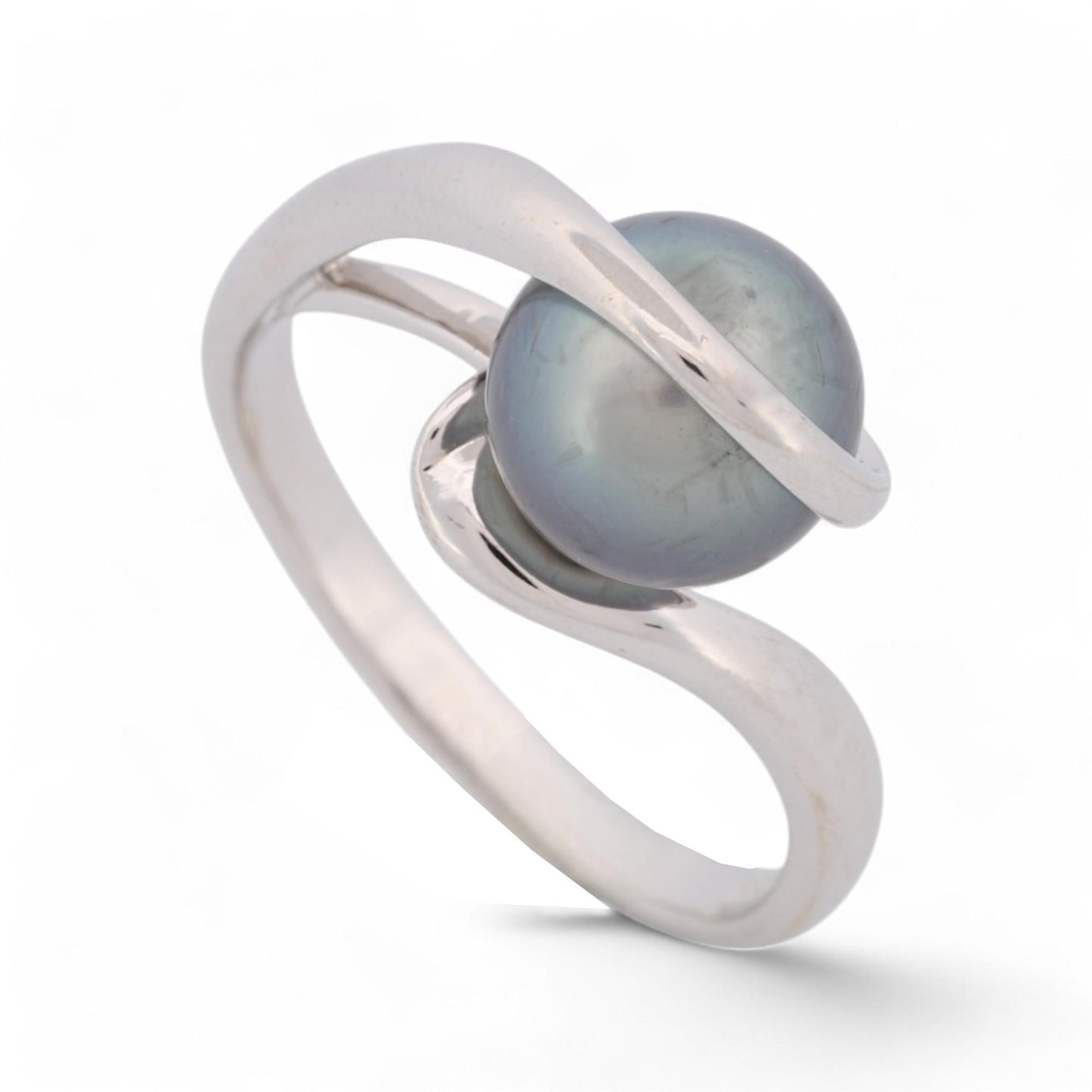 Signed Modern 8mm Tahitian Black Pearl Ring in 18k White Gold