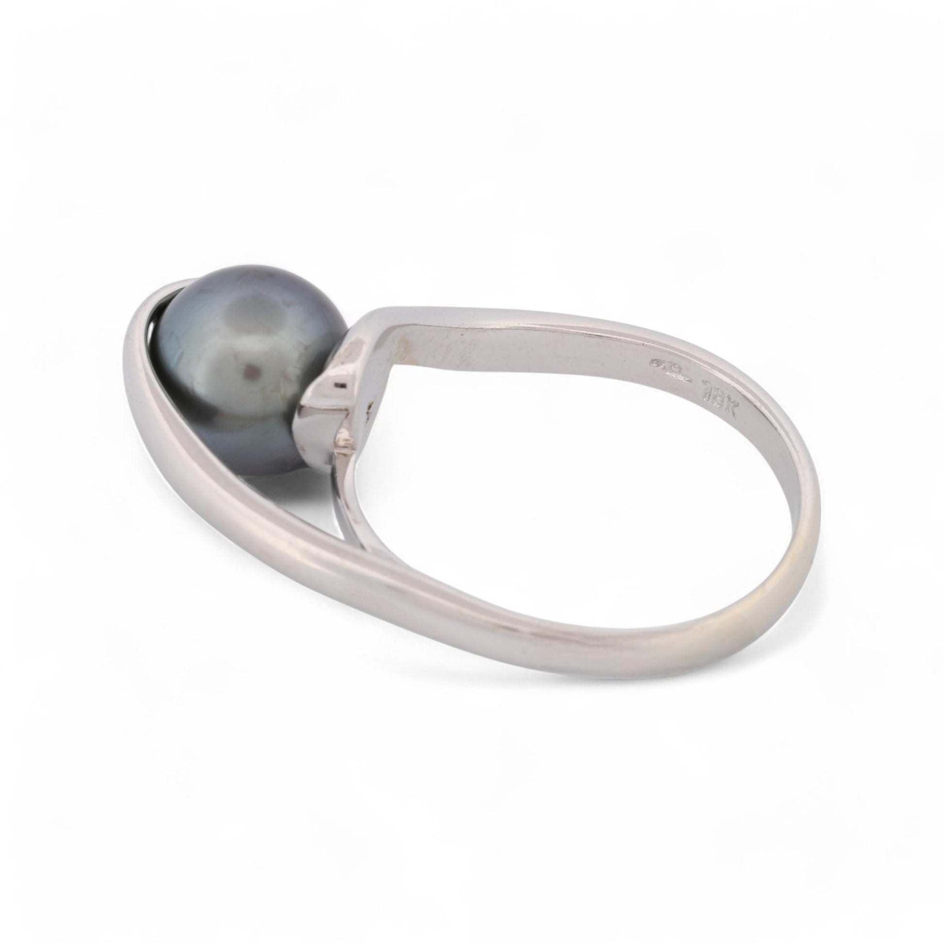 Signed Modern 8mm Tahitian Black Pearl Ring in 18k White Gold