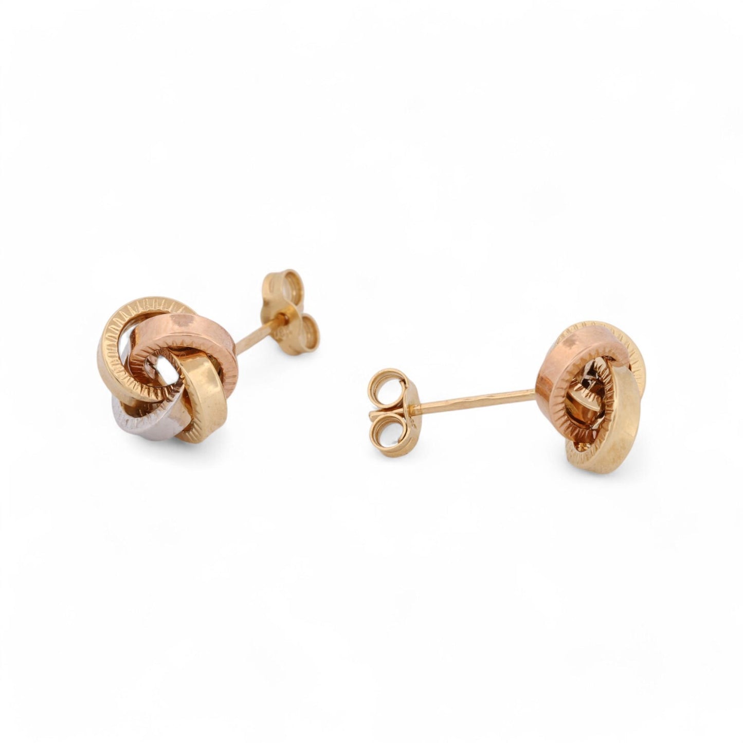 New Tri-Color Knot Stud Earrings in 18k Rose, White, and Yellow Gold