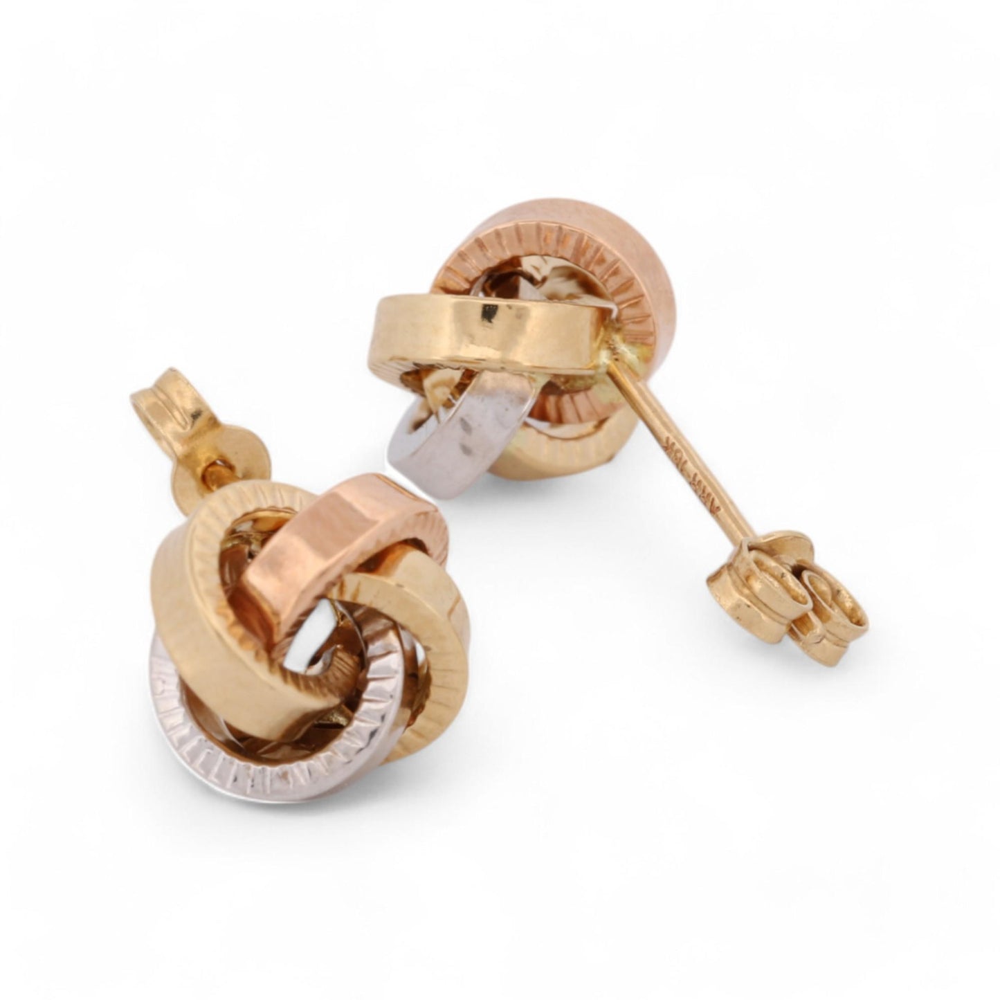 New Tri-Color Knot Stud Earrings in 18k Rose, White, and Yellow Gold