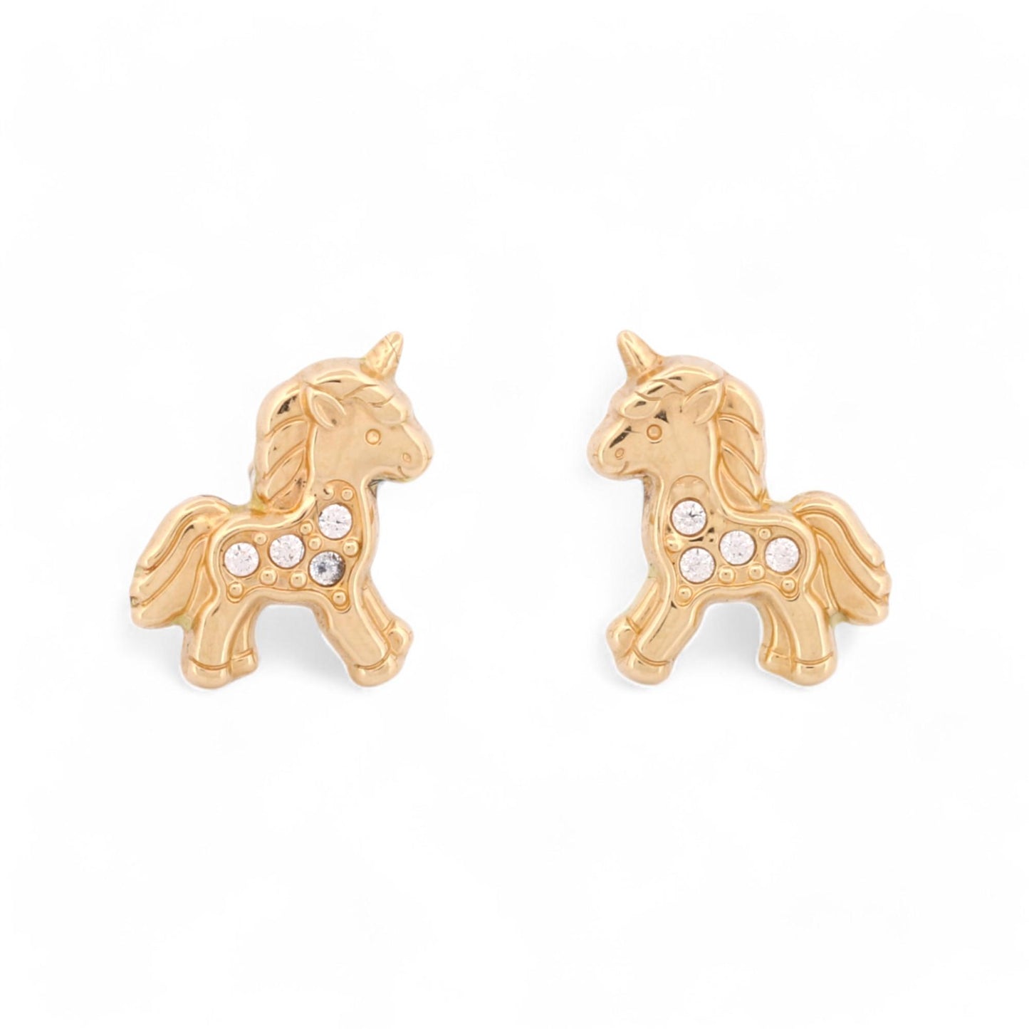 New Girl's Unicorn Stud Earrings with CZs in 14k Yellow Gold