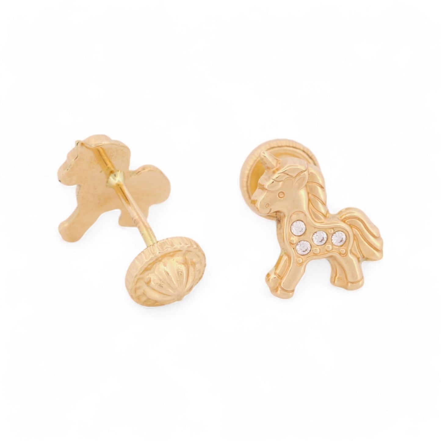 New Girl's Unicorn Stud Earrings with CZs in 14k Yellow Gold