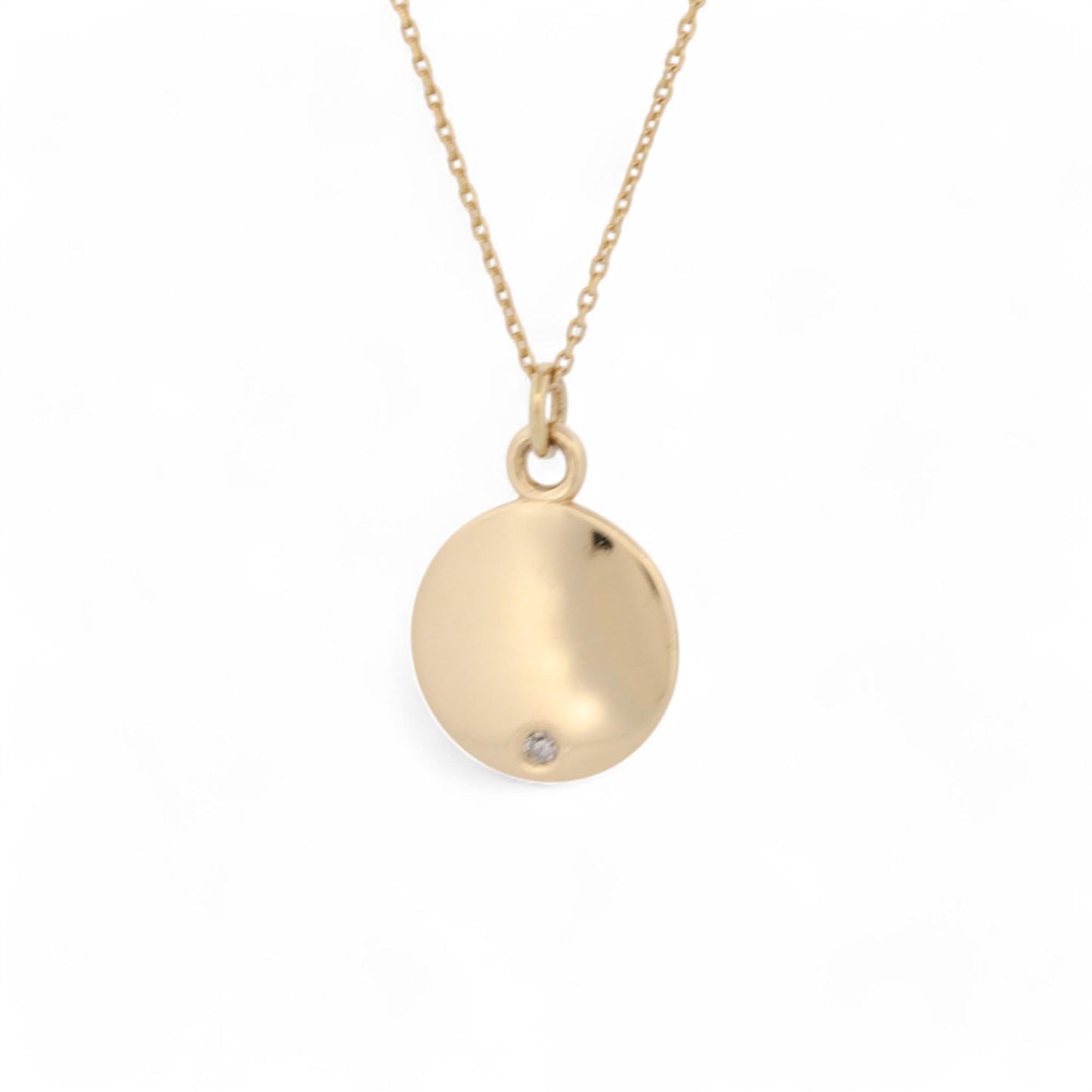 14k Yellow Gold Engravable Round Pendant Necklace with Diamond