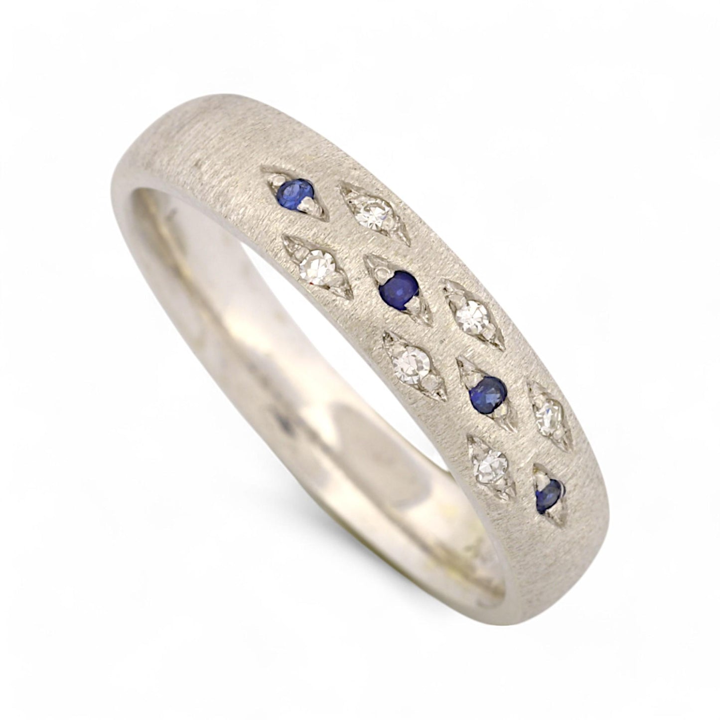 Signed 18k White Gold Diamond & Sapphire Band Ring with Satin Rigato Finish