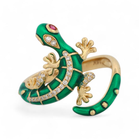 EFFY 14k Yellow Gold Safari Gecko Ring with Diamond Ruby Green Enamel