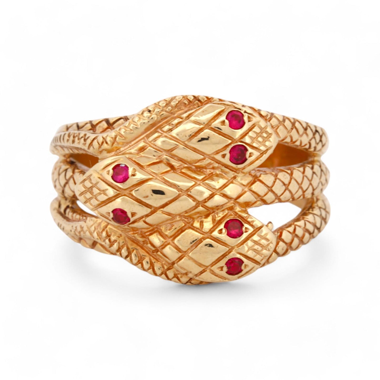 Mid-Century Triple Snake Band Ring with Ruby Eyes in 14k Yellow Gold