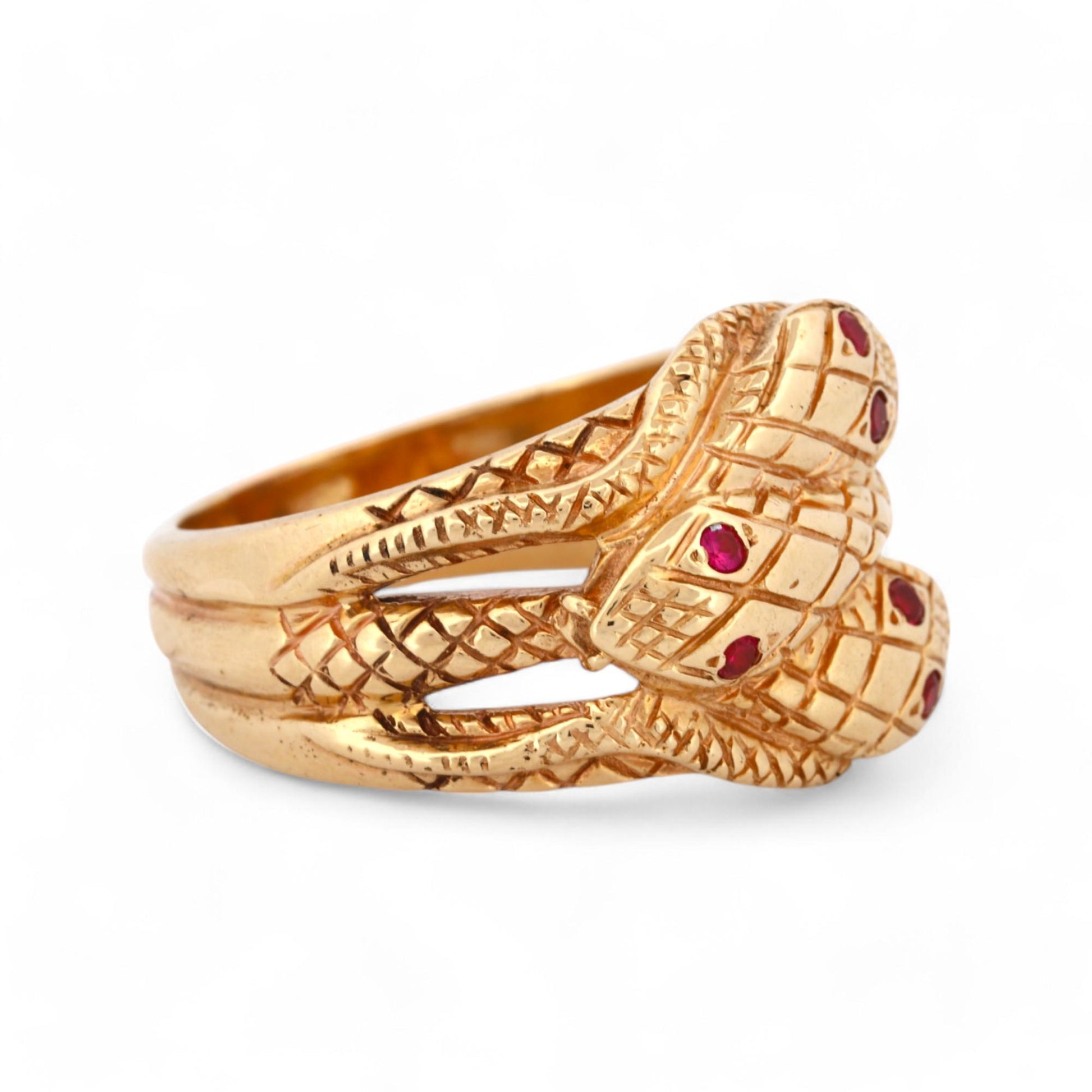 Mid-Century Triple Snake Band Ring with Ruby Eyes in 14k Yellow Gold