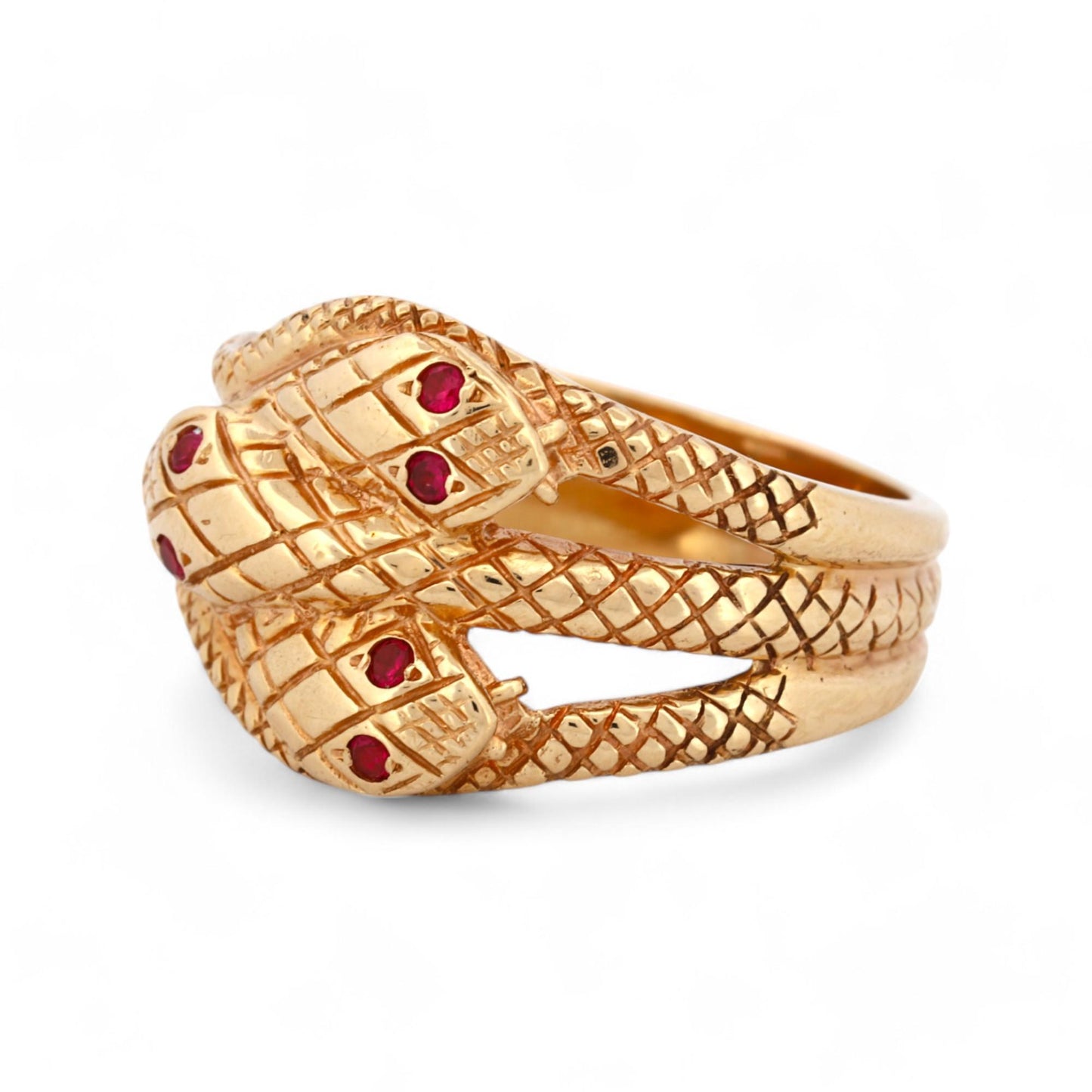 Mid-Century Triple Snake Band Ring with Ruby Eyes in 14k Yellow Gold