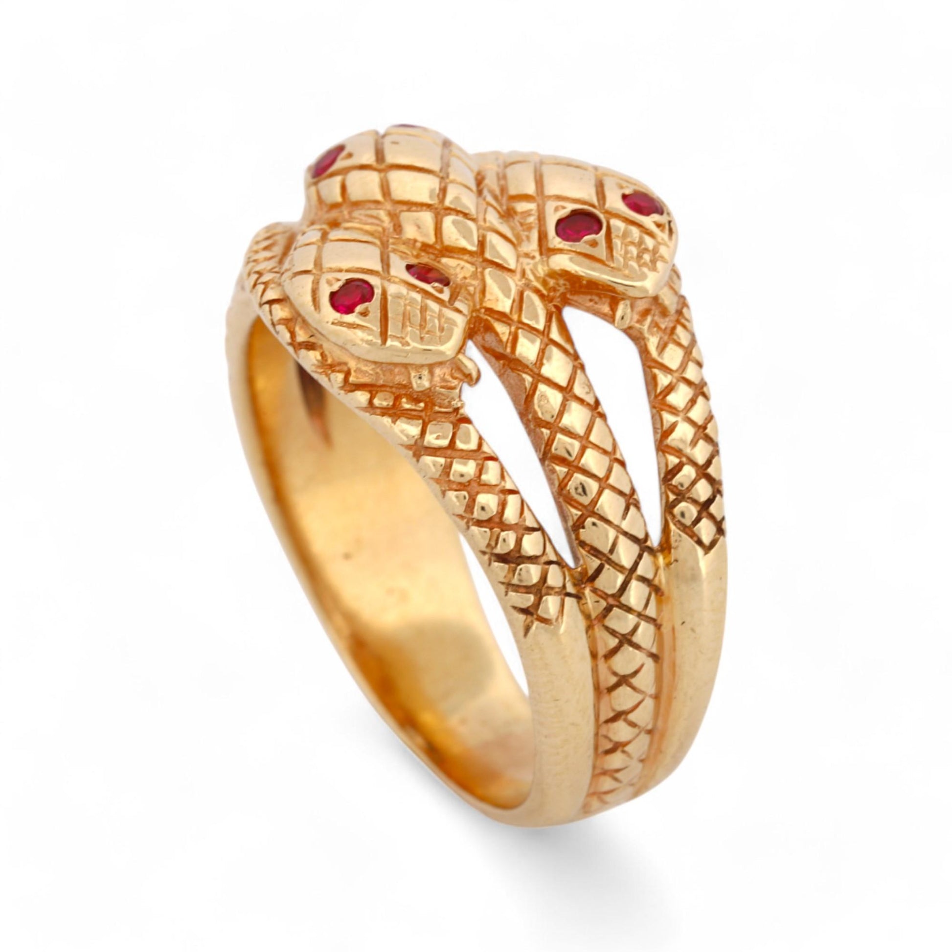 Mid-Century Triple Snake Band Ring with Ruby Eyes in 14k Yellow Gold