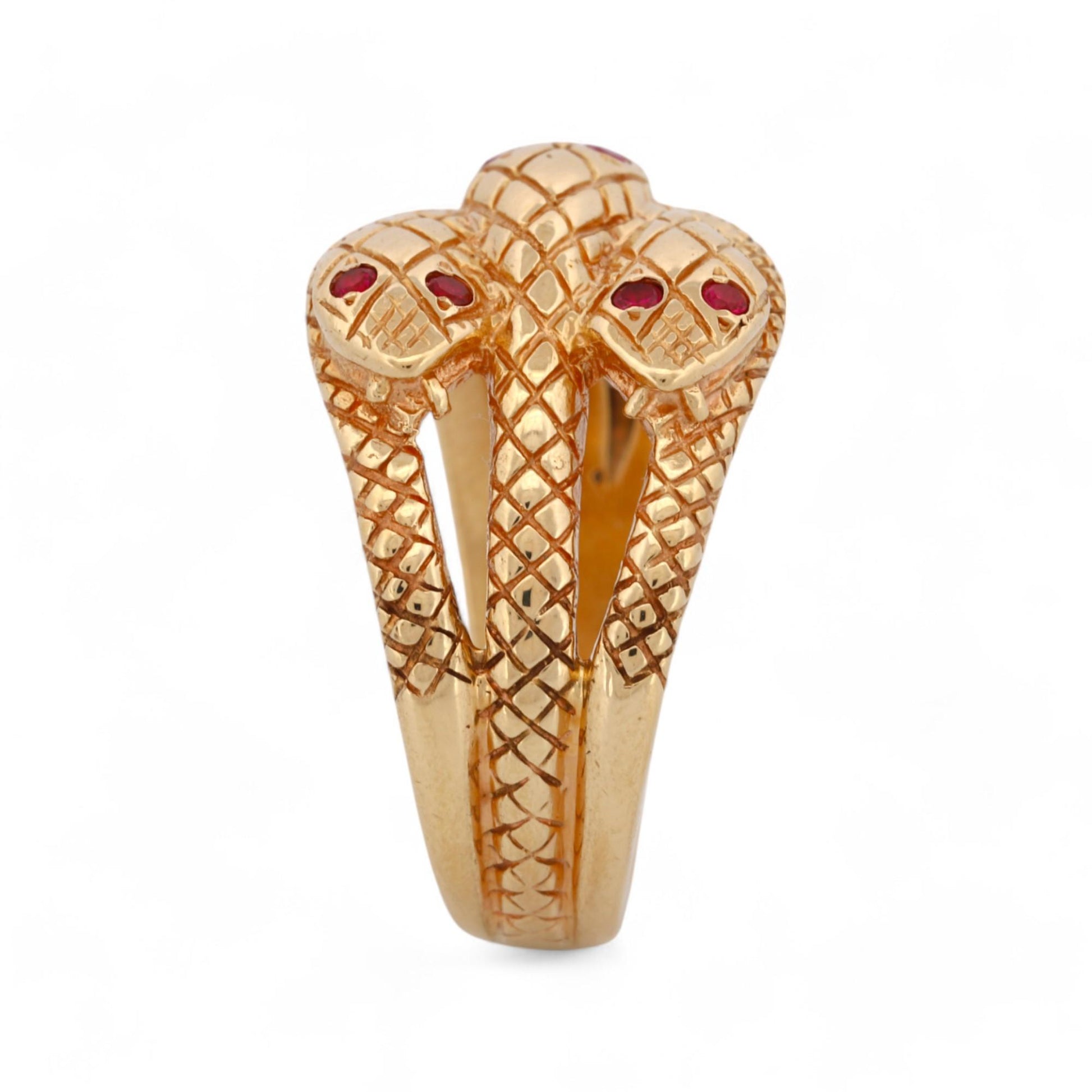 Mid-Century Triple Snake Band Ring with Ruby Eyes in 14k Yellow Gold