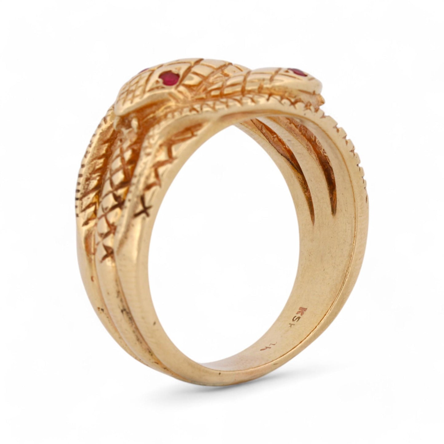 Mid-Century Triple Snake Band Ring with Ruby Eyes in 14k Yellow Gold