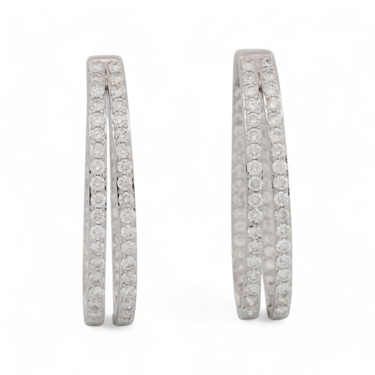 Inside Out Double Diamond Oval Hoop Earrings in 14k White Gold