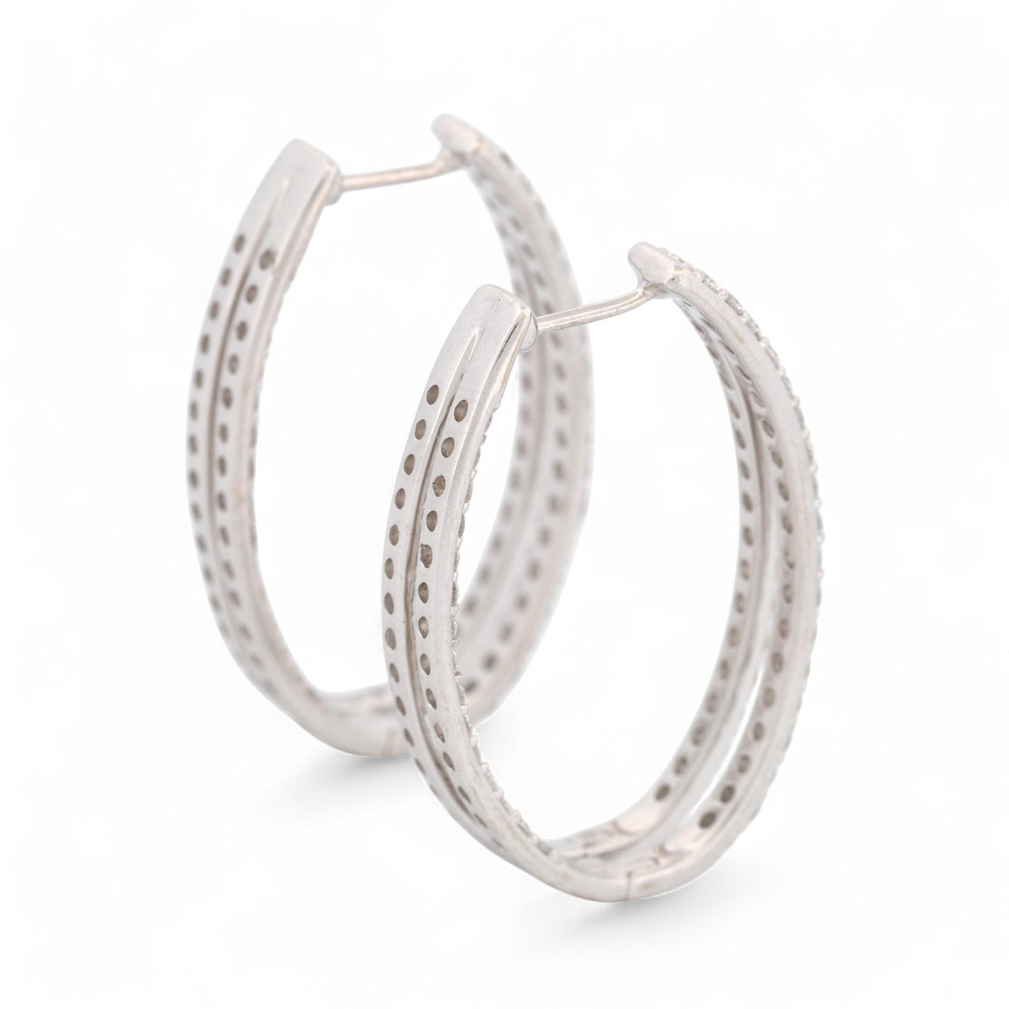 Inside Out Double Diamond Oval Hoop Earrings in 14k White Gold