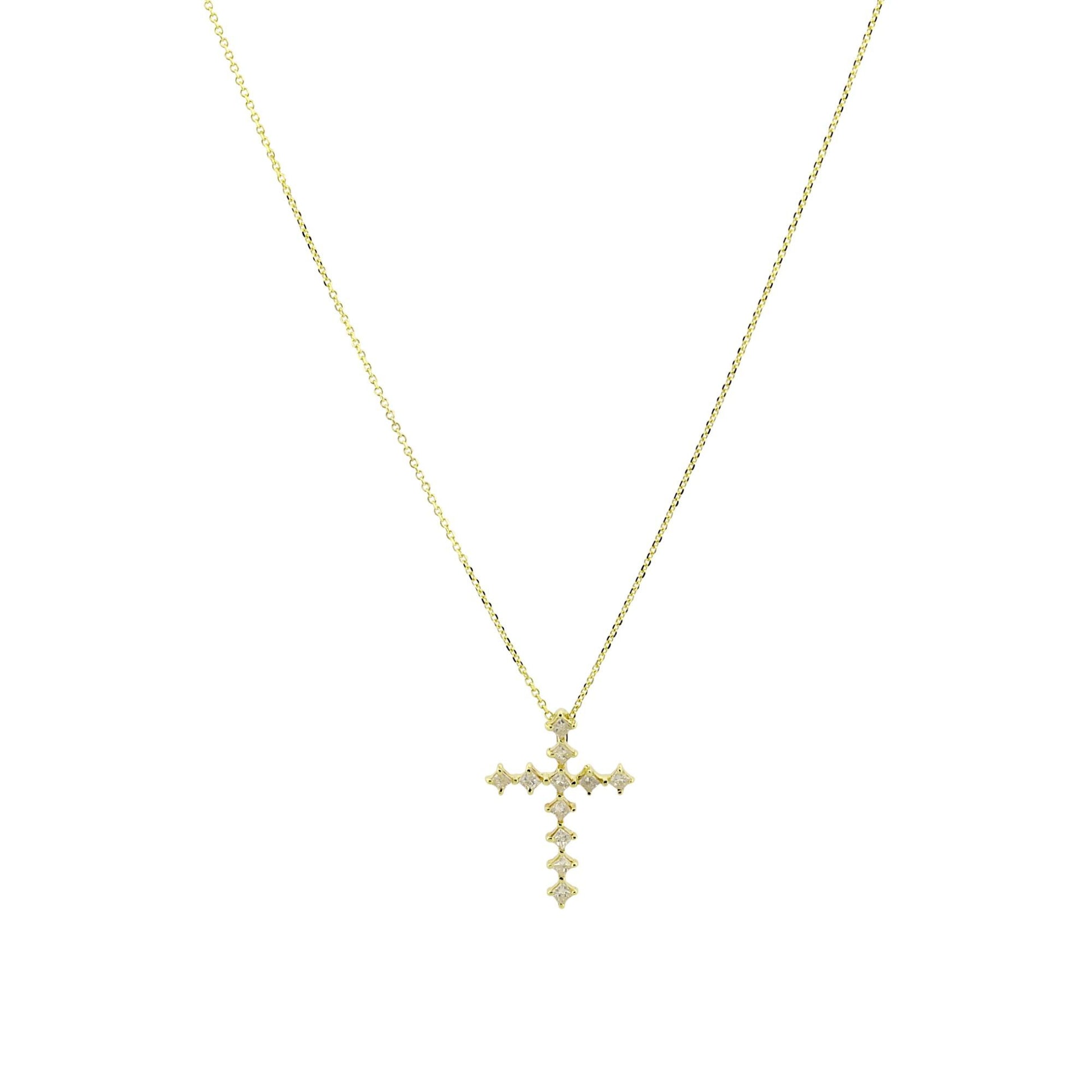 18k Gold Princess-Cut Diamond Cross Pendant Necklace