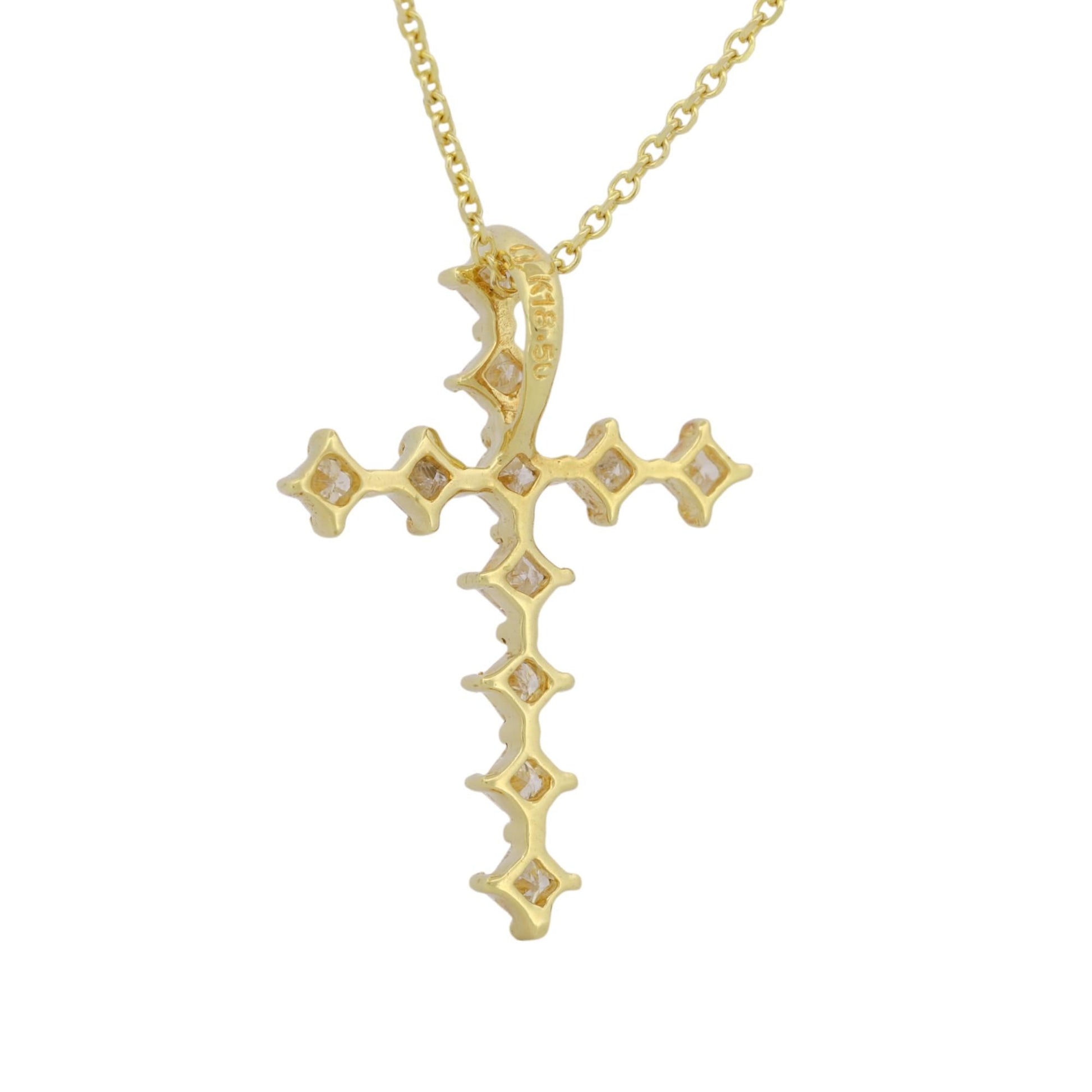 18k Gold Princess-Cut Diamond Cross Pendant Necklace