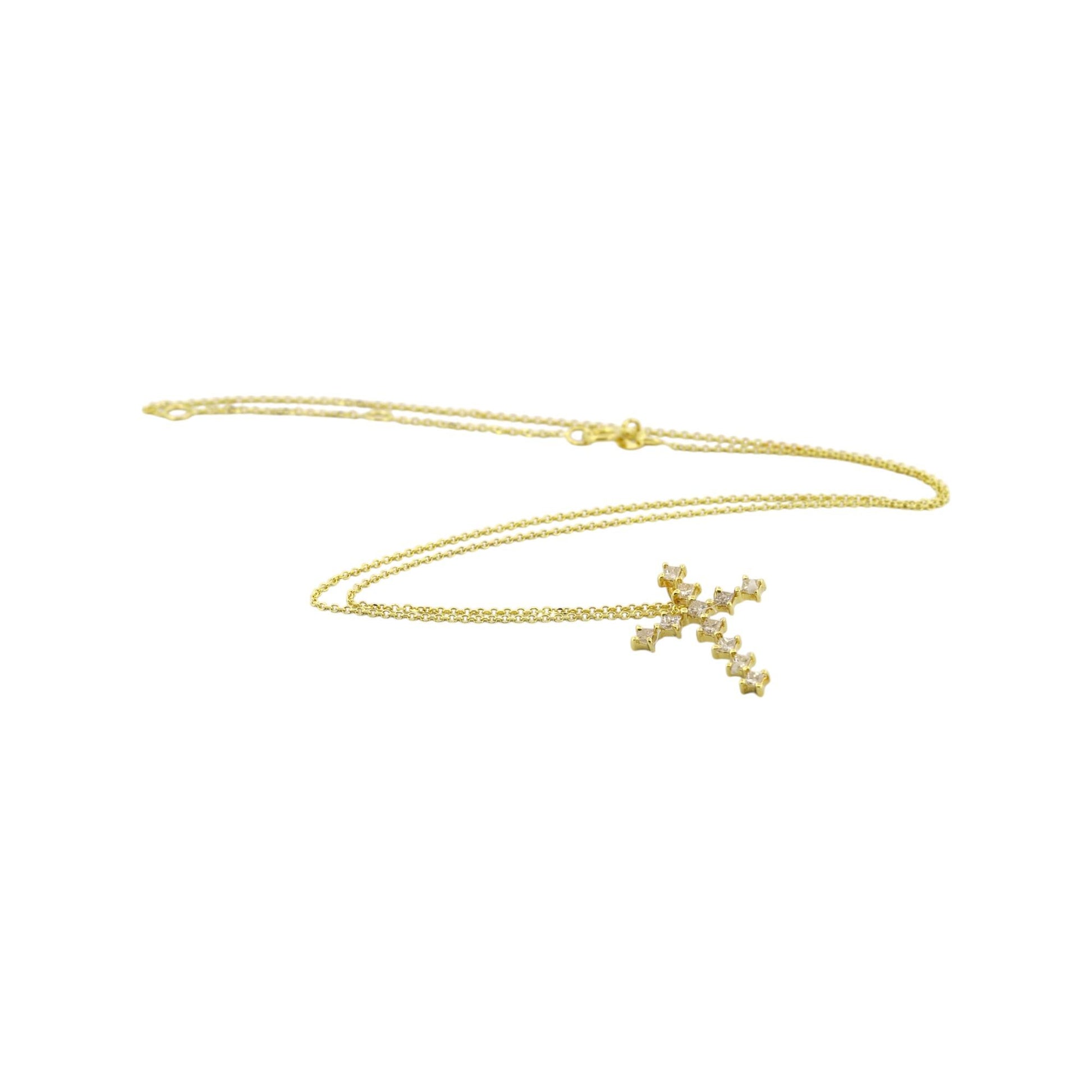 18k Gold Princess-Cut Diamond Cross Pendant Necklace