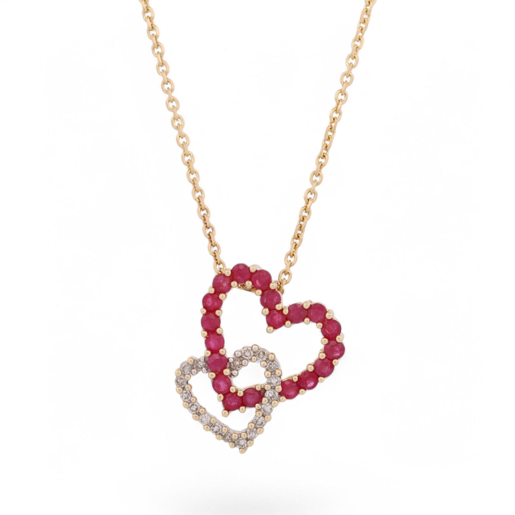 14k Yellow Gold Double Heart Pendant Necklace with Rubies & Diamonds