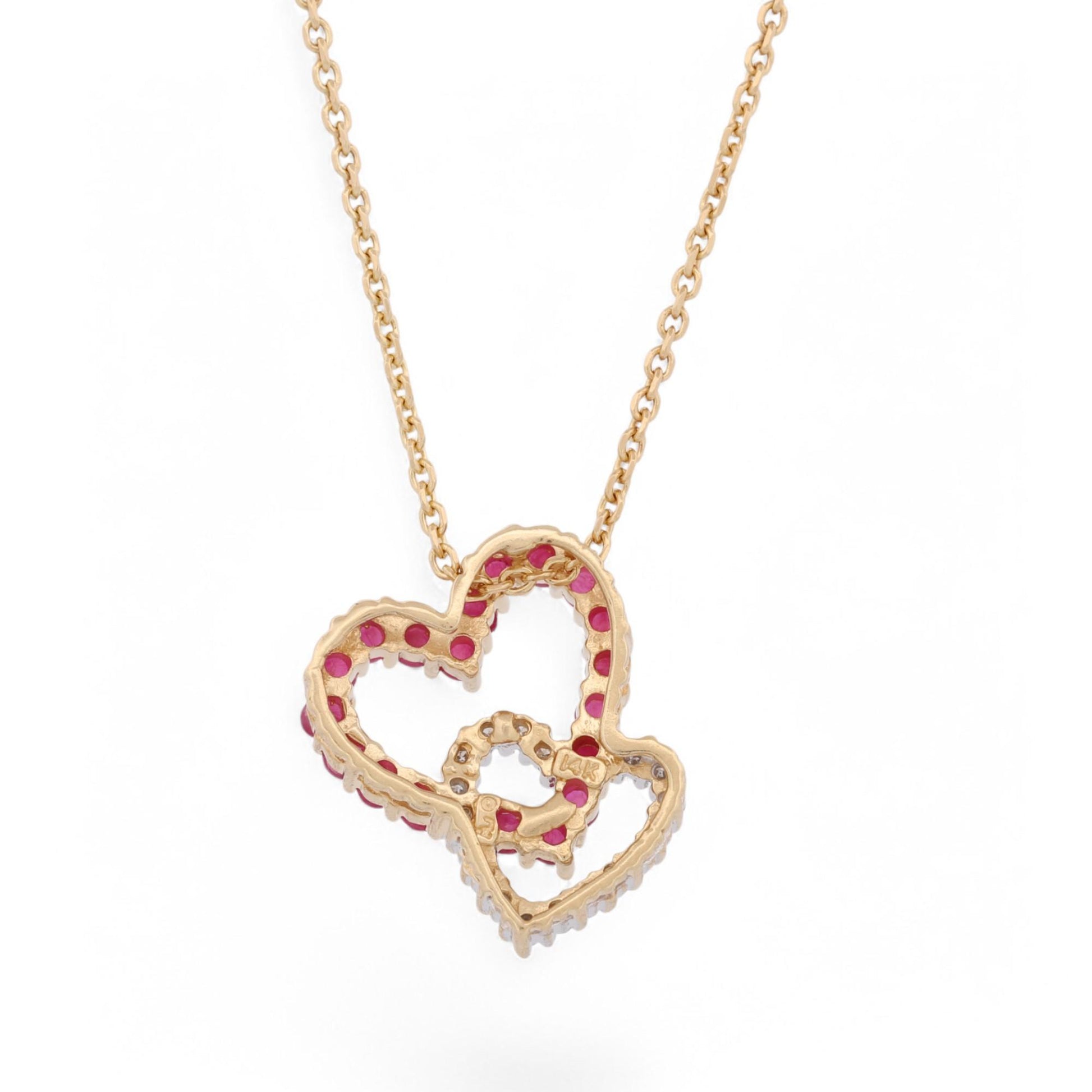 14k Yellow Gold Double Heart Pendant Necklace with Rubies & Diamonds