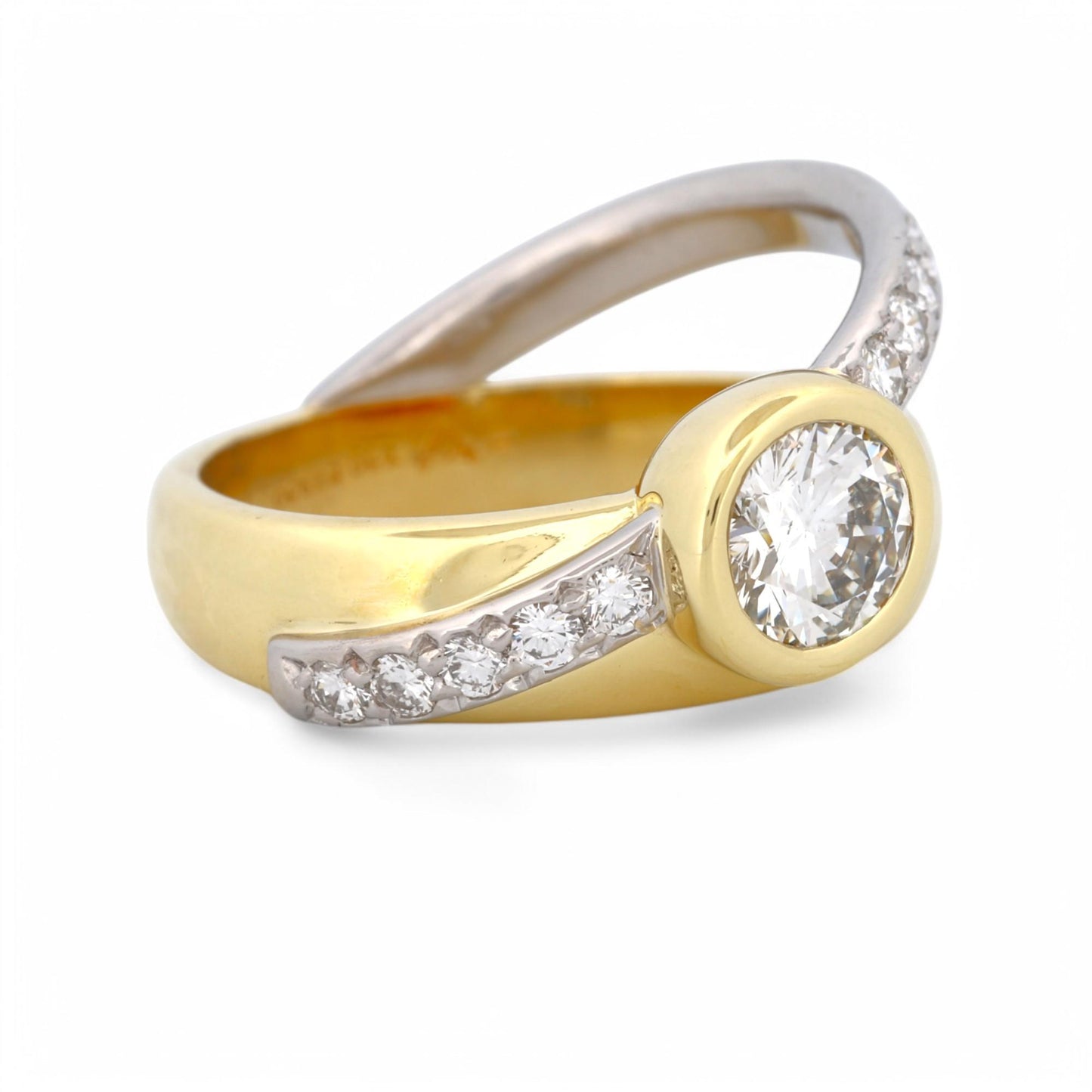 Signed 18kYellow Gold and Platinum Diamond Crossover Statement Ring