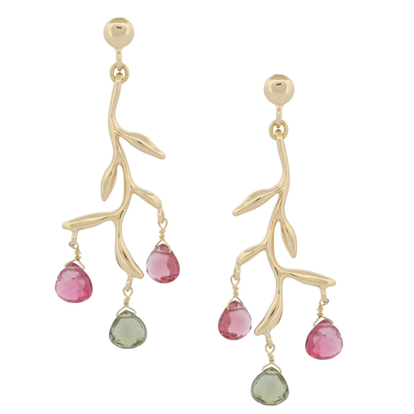 18k Gold Pink & Green Tourmaline Vine Drop Earrings – Signed, Elegant Dangles