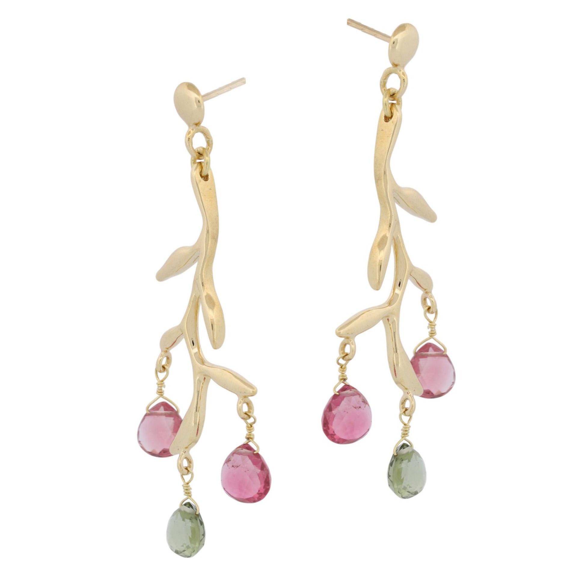 18k Gold Pink & Green Tourmaline Vine Drop Earrings – Signed, Elegant Dangles