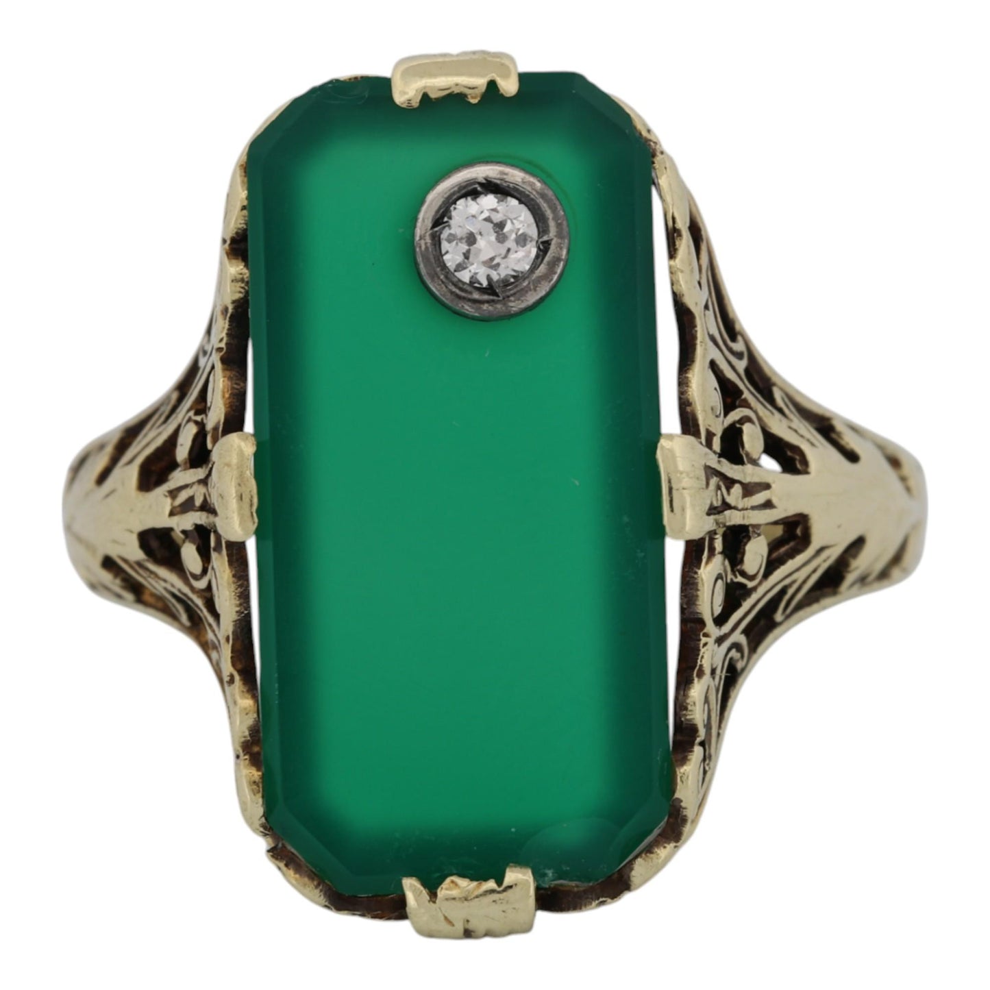 Art Deco 14k Gold Chrysoprase & Diamond Filigree Ring – Size 6, Vintage