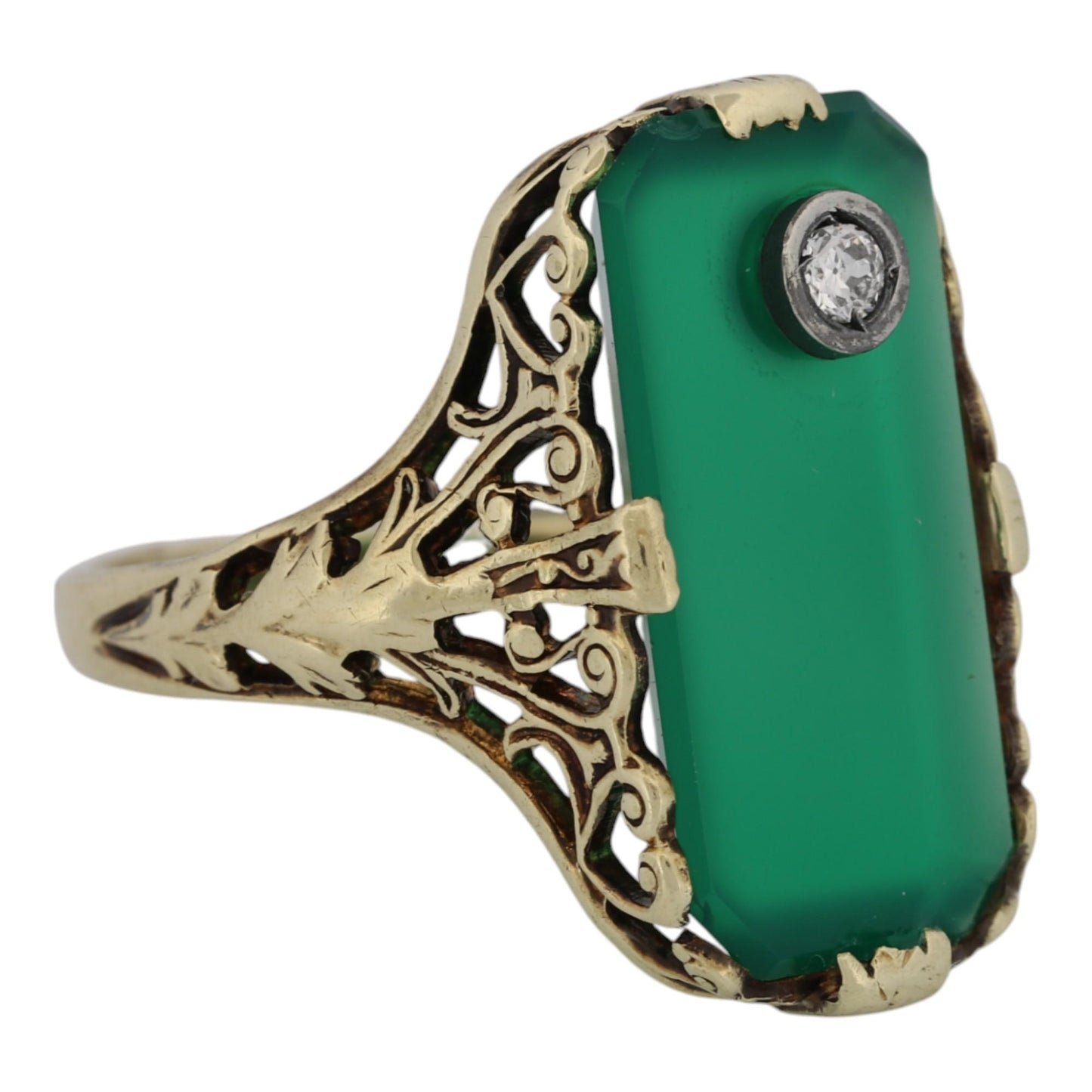 Art Deco 14k Gold Chrysoprase & Diamond Filigree Ring – Size 6, Vintage