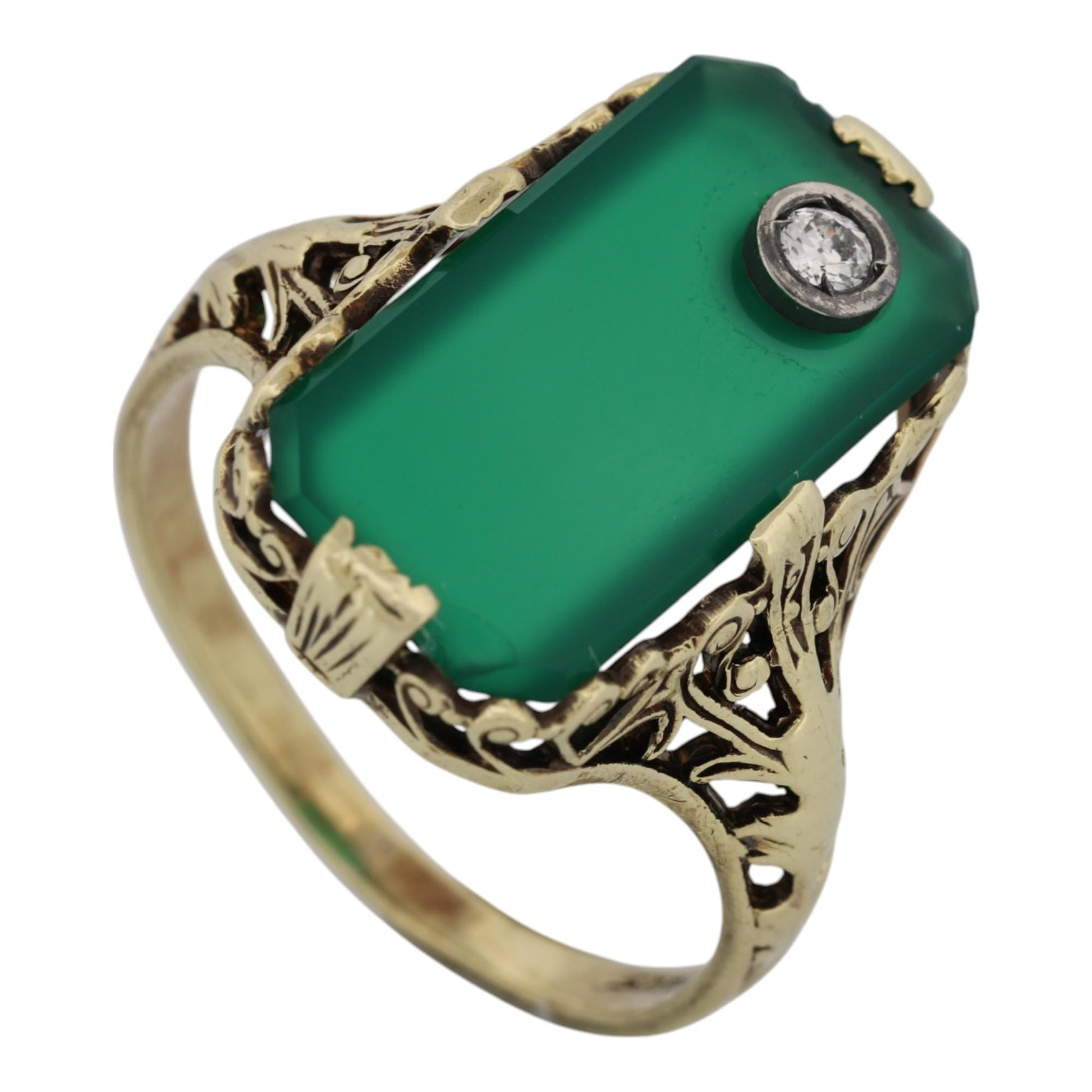 Art Deco 14k Gold Chrysoprase & Diamond Filigree Ring – Size 6, Vintage