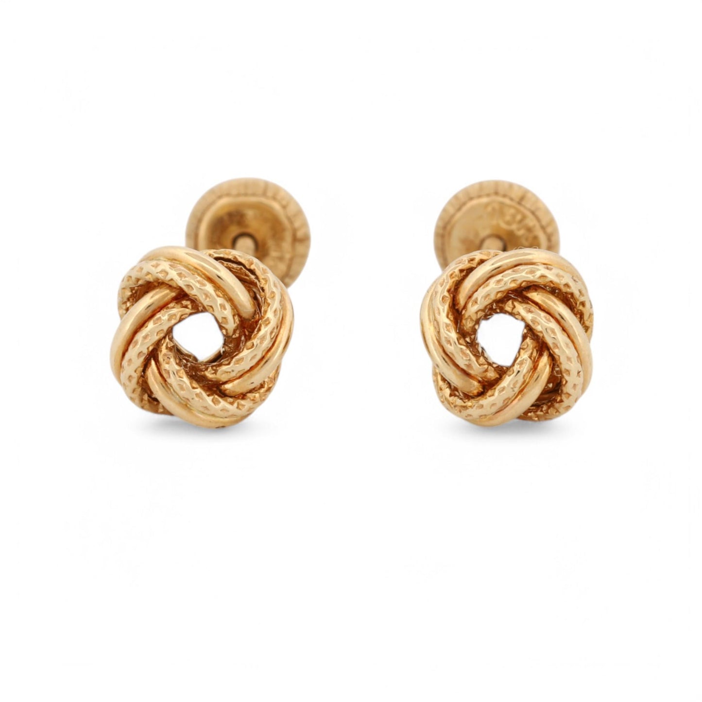 18k Gold Classic Knot Earrings – Textured Finish, Spanish Screw Backs, New