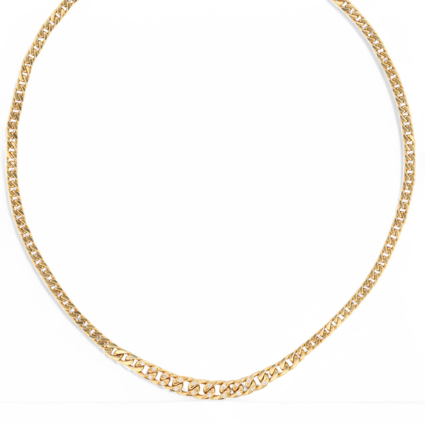 18k Solid Gold Tapered Curb Chain Necklace with Diamond Accents Signed TF