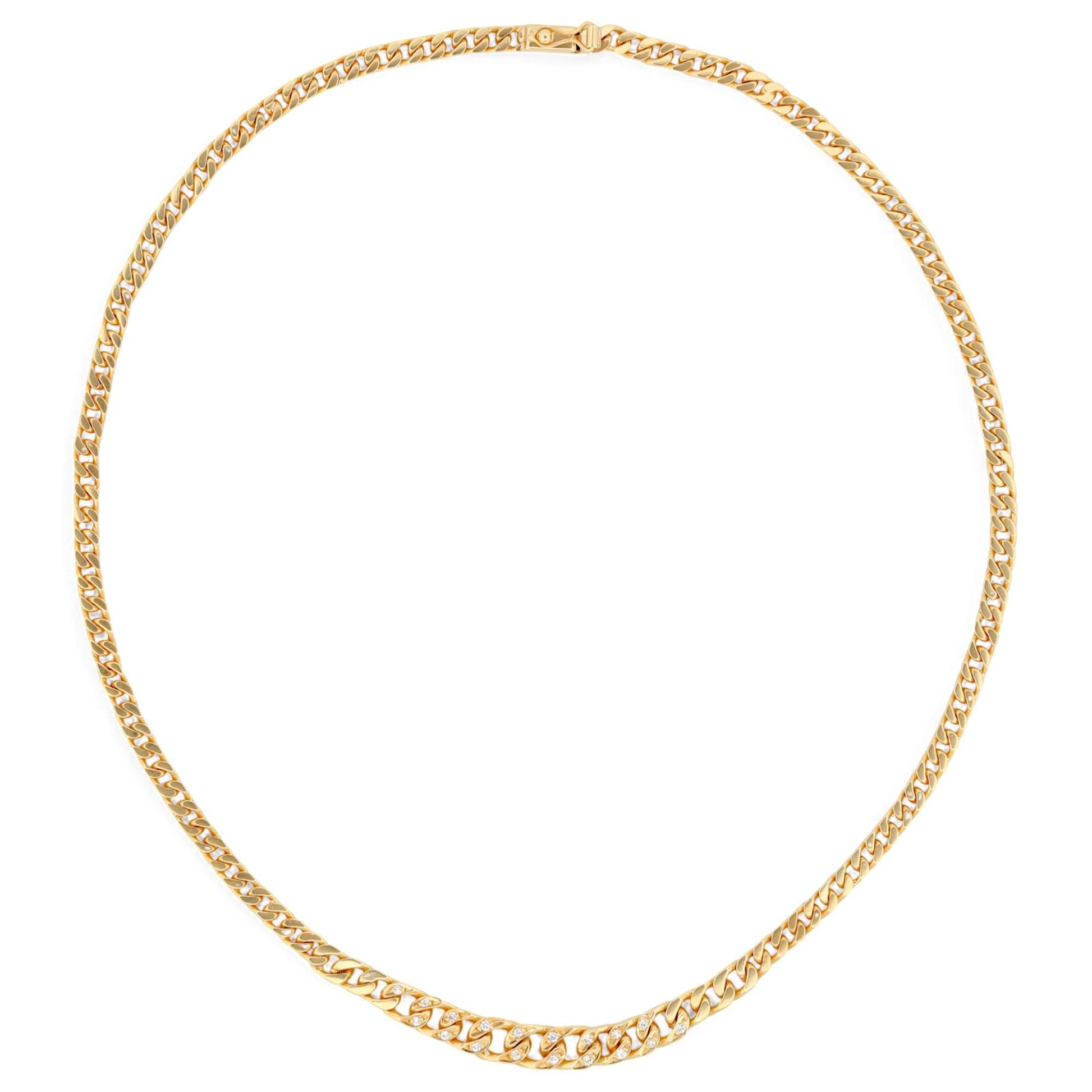 18k Solid Gold Tapered Curb Chain Necklace with Diamond Accents Signed TF