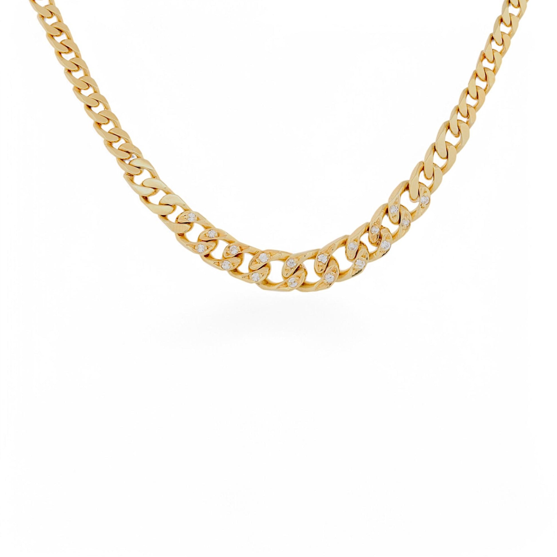 18k Solid Gold Tapered Curb Chain Necklace with Diamond Accents Signed TF