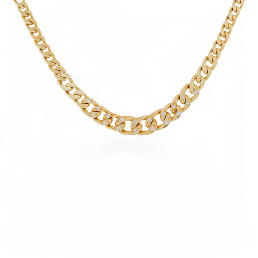 18k Solid Gold Tapered Curb Chain Necklace with Diamond Accents Signed TF