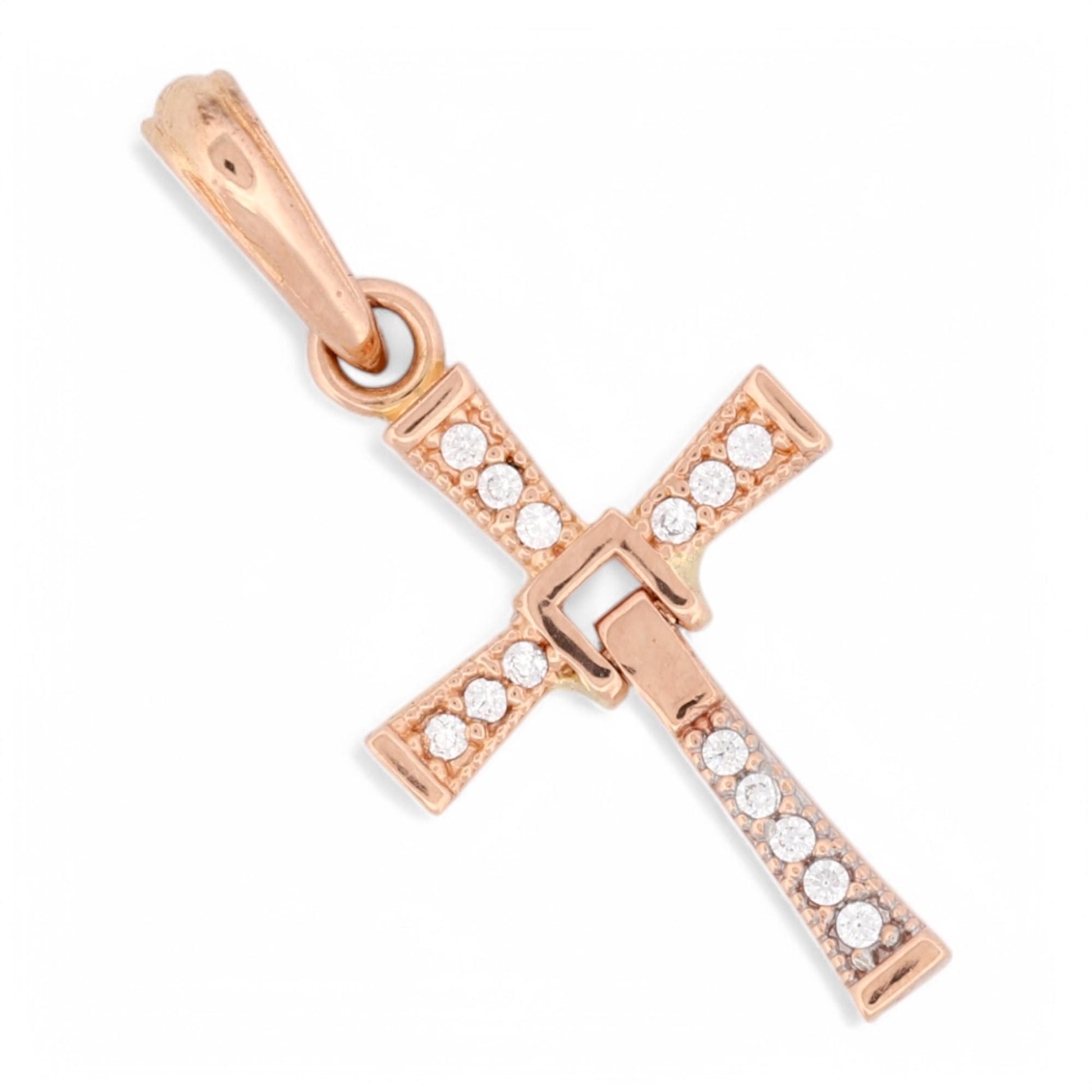 18k Rose Gold Diamond Dangle Cross Pendant with Milgrain Detail