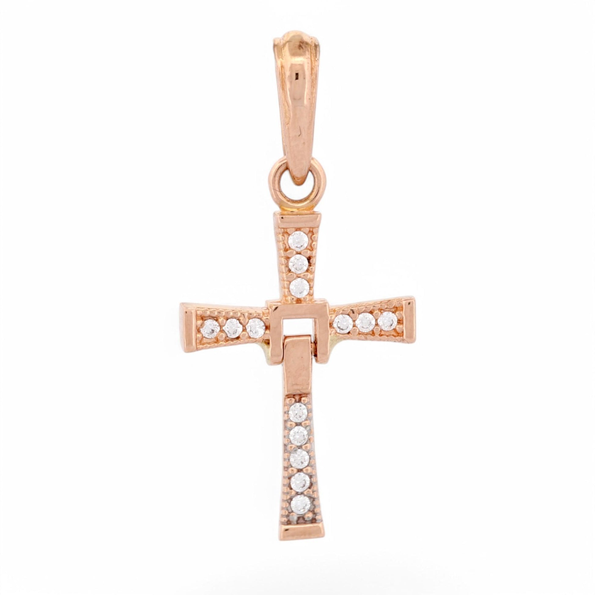 18k Rose Gold Diamond Dangle Cross Pendant with Milgrain Detail