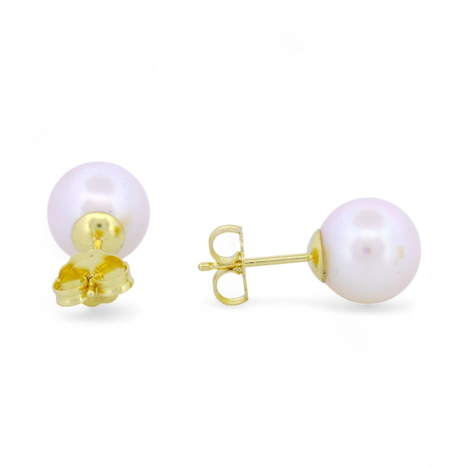 18k Gold Cultured Pearl Stud Earrings – 8.8mm White Pearls Large