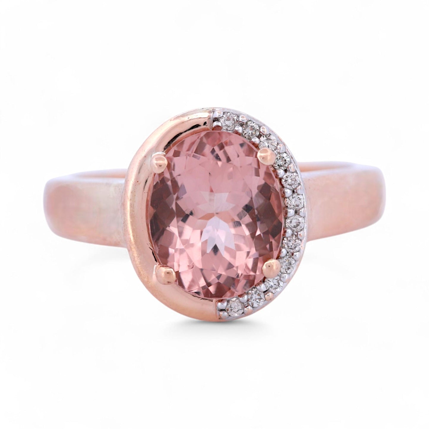 Morganite & Diamond Halo Ring in 14k Rose Gold, Signed SI, Size 7