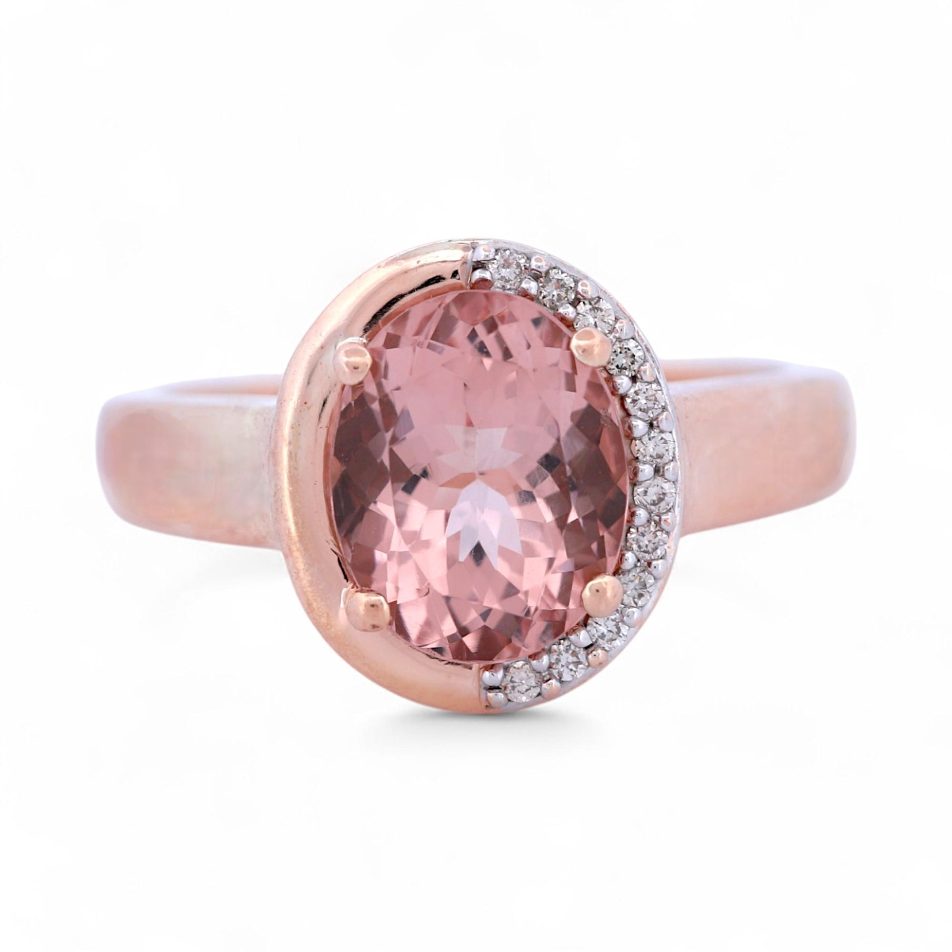Morganite & Diamond Halo Ring in 14k Rose Gold, Signed SI, Size 7