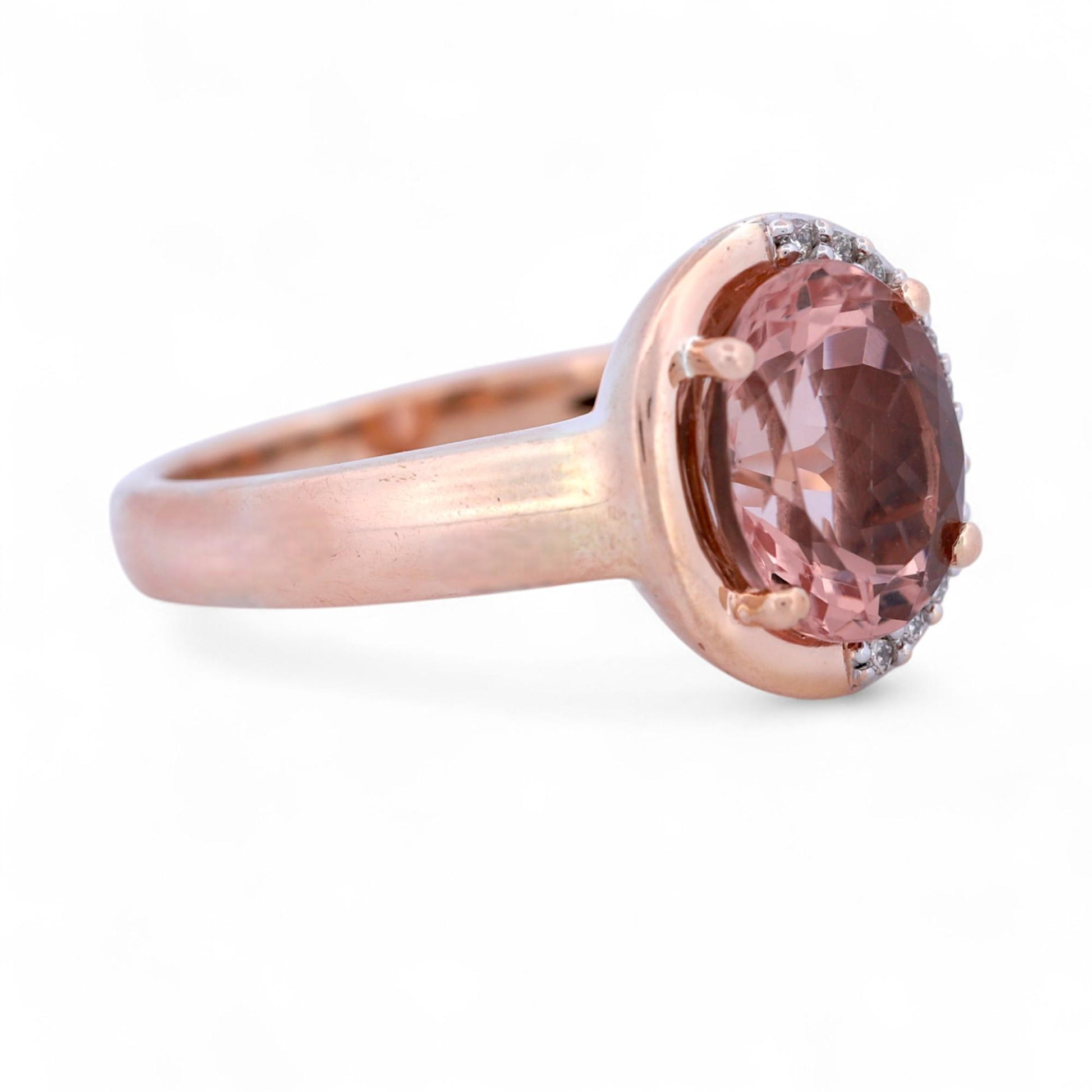 Morganite & Diamond Halo Ring in 14k Rose Gold, Signed SI, Size 7