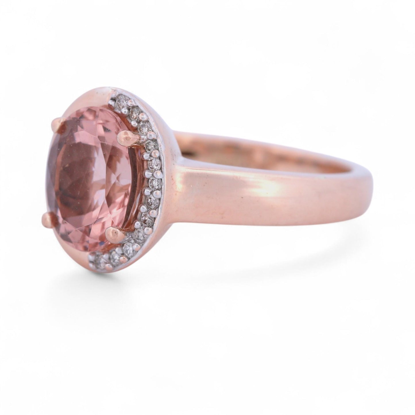 Morganite & Diamond Halo Ring in 14k Rose Gold, Signed SI, Size 7