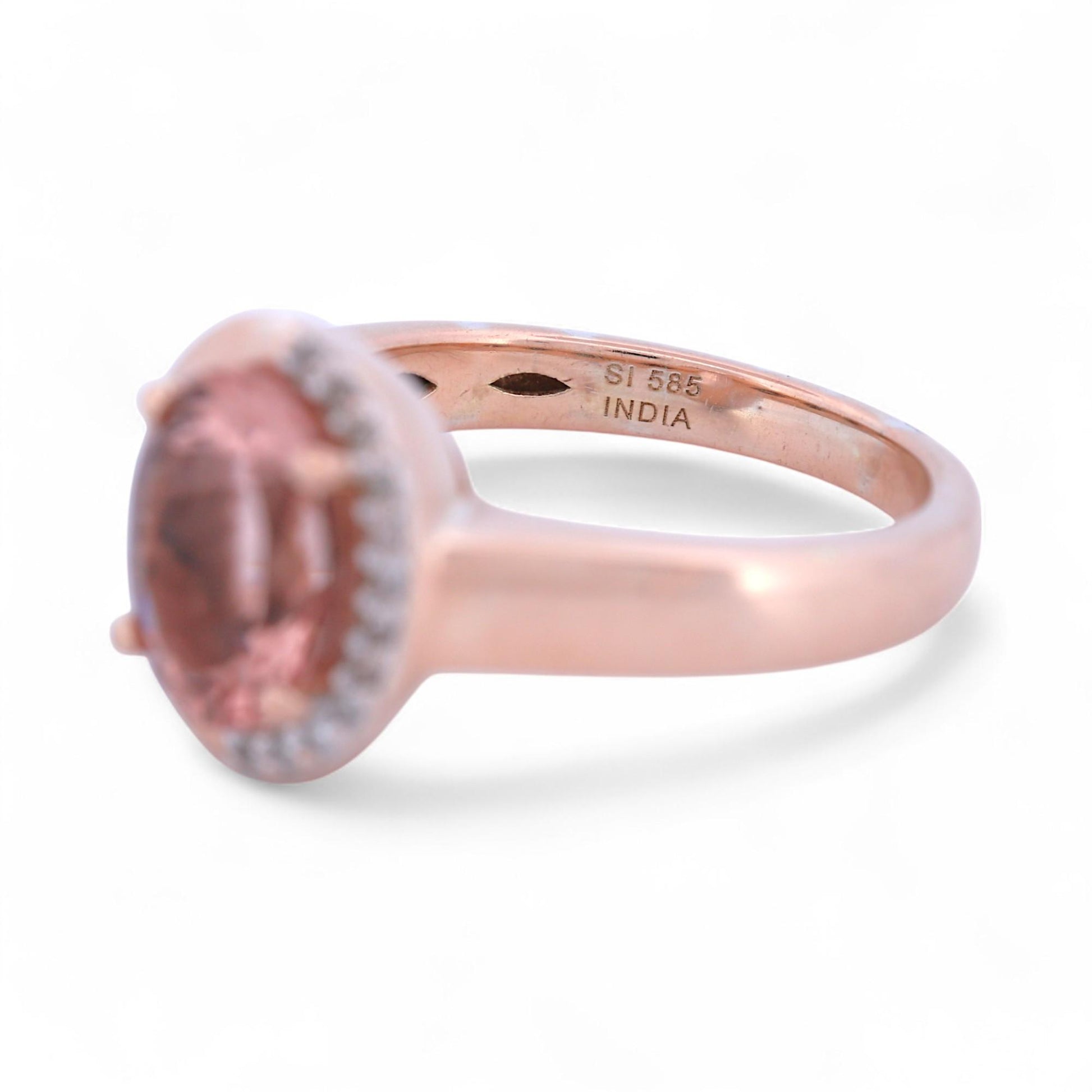 Morganite & Diamond Halo Ring in 14k Rose Gold, Signed SI, Size 7