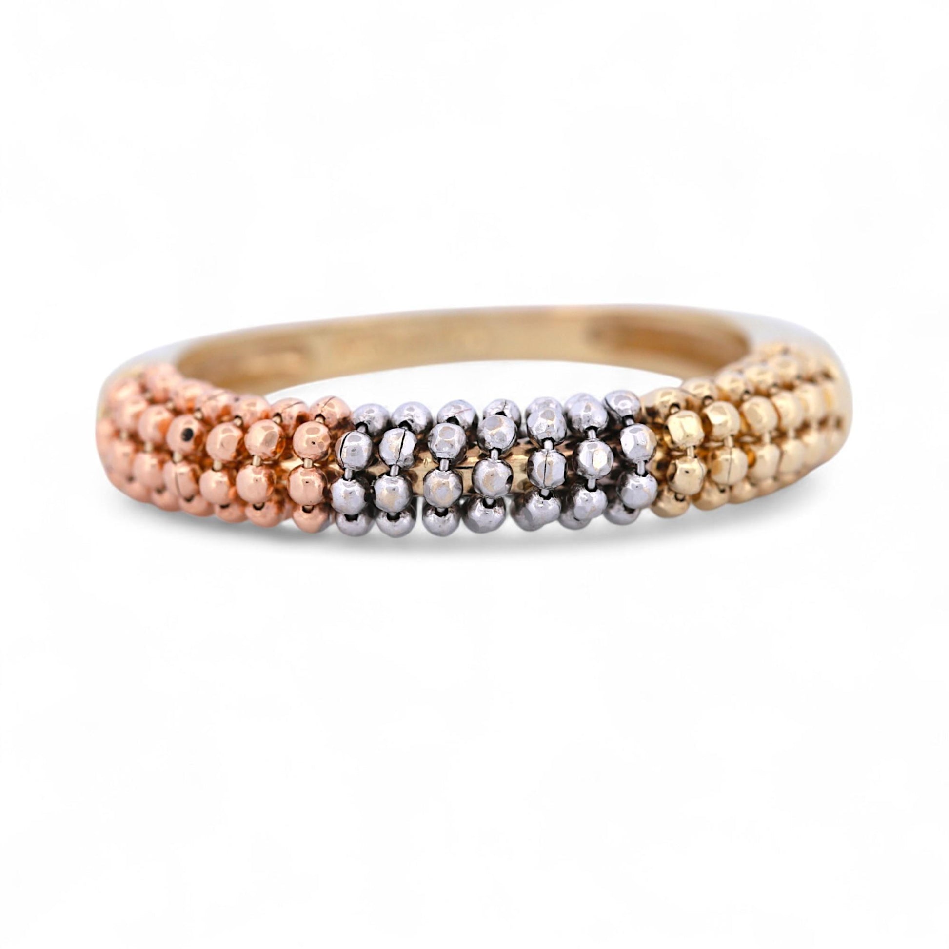 ARPAS Tri-Color Beaded Ring 14k Gold Yellow White Rose Textured Band Size 7