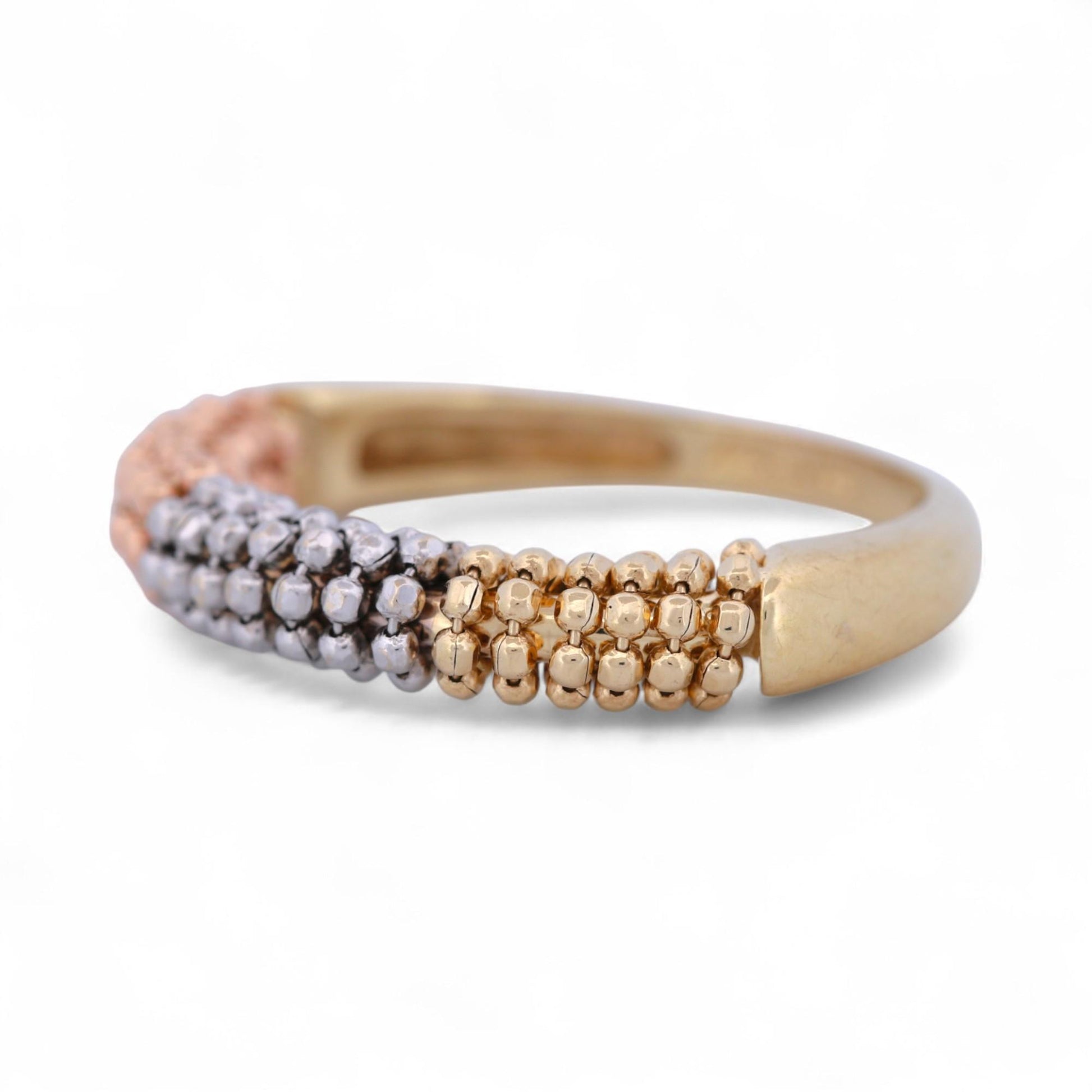 ARPAS Tri-Color Beaded Ring 14k Gold Yellow White Rose Textured Band Size 7