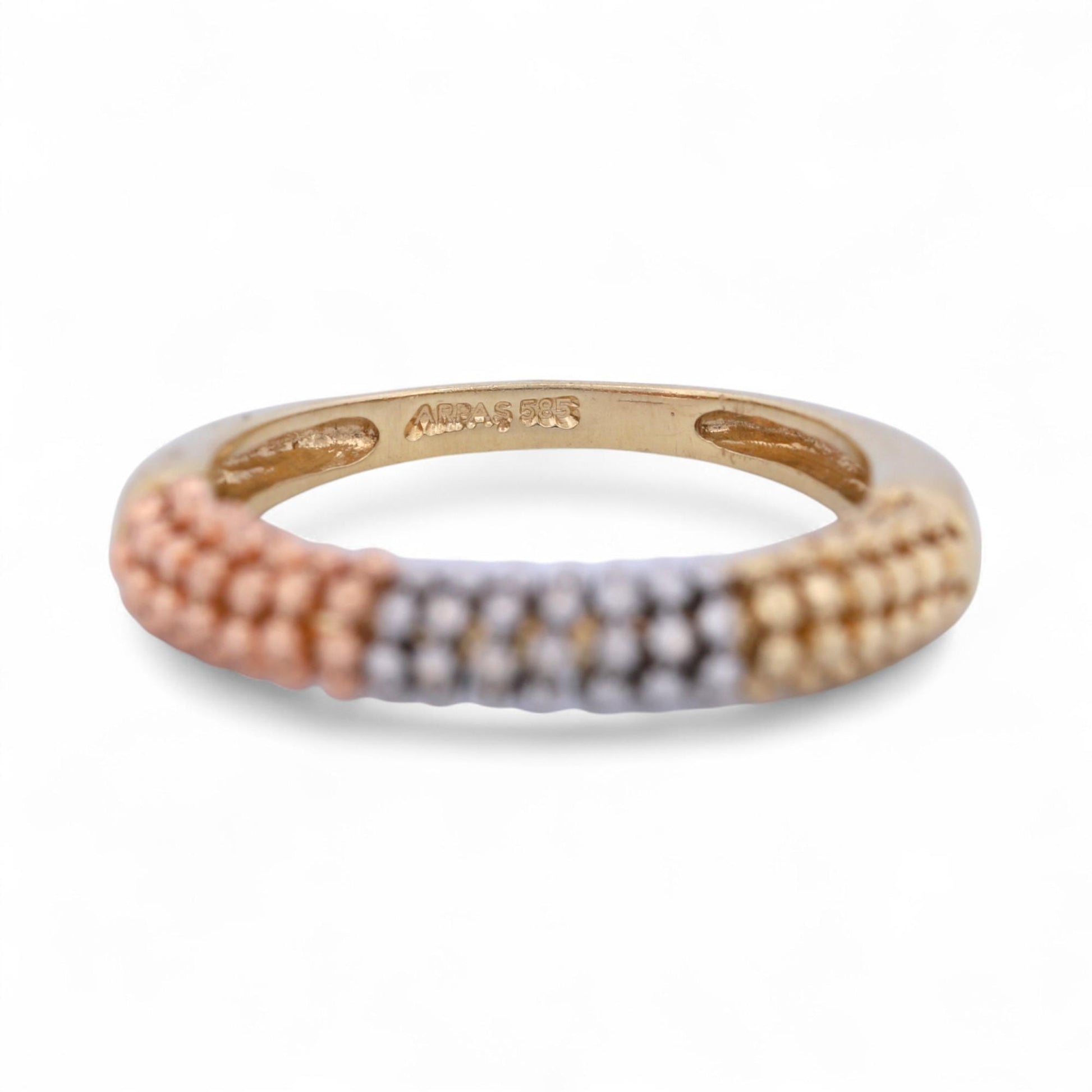 ARPAS Tri-Color Beaded Ring 14k Gold Yellow White Rose Textured Band Size 7