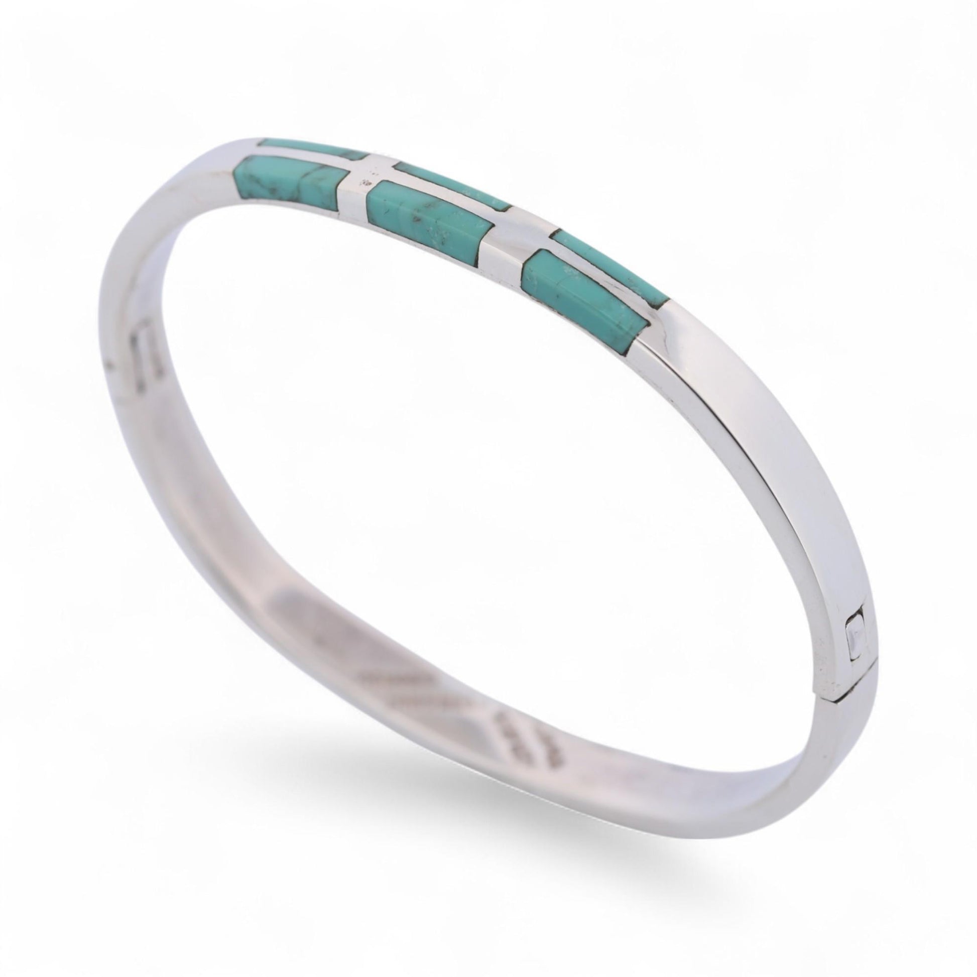 Sterling Silver Turquoise Inlay Bangle Mexico Modern Hinged Bracelet