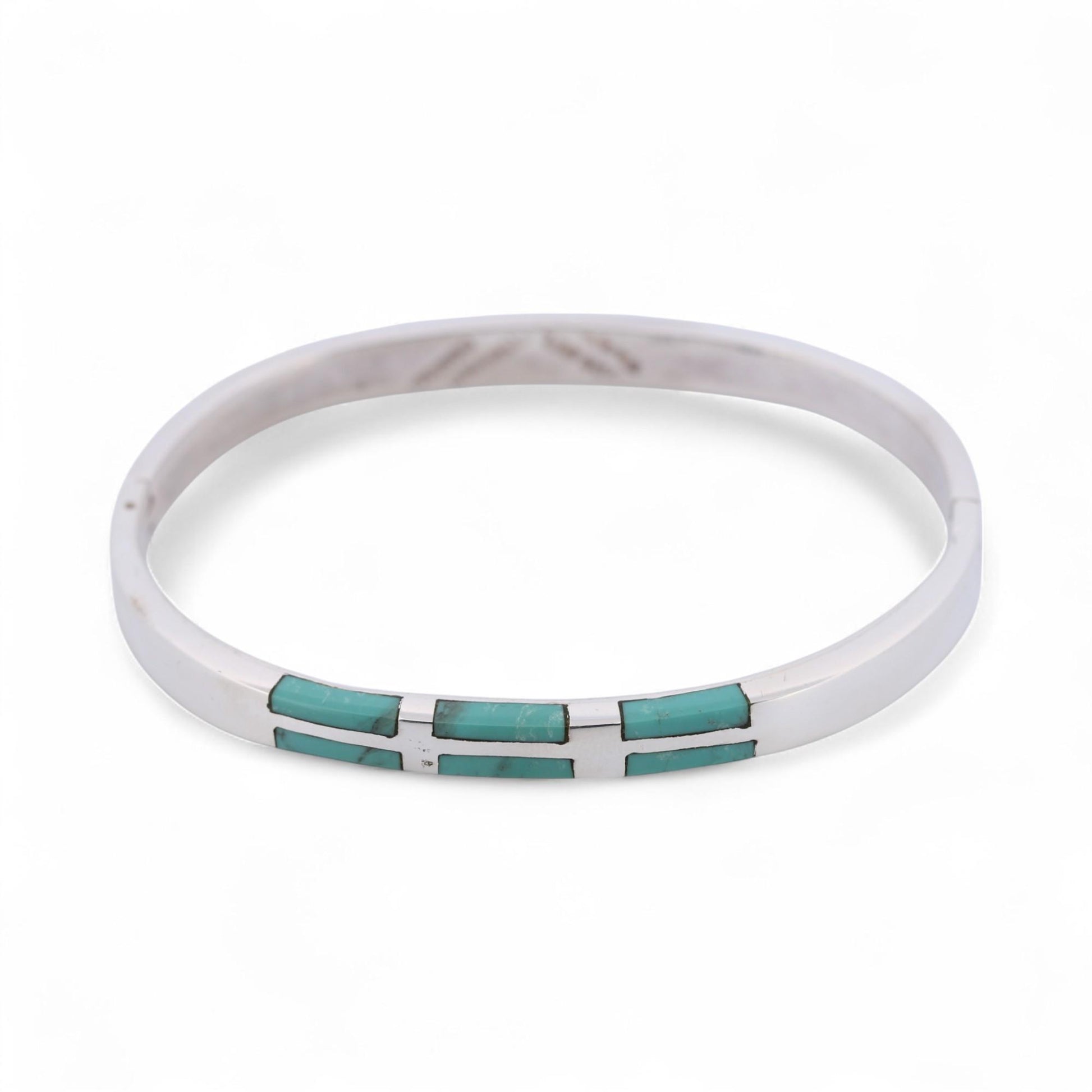 Sterling Silver Turquoise Inlay Bangle Mexico Modern Hinged Bracelet