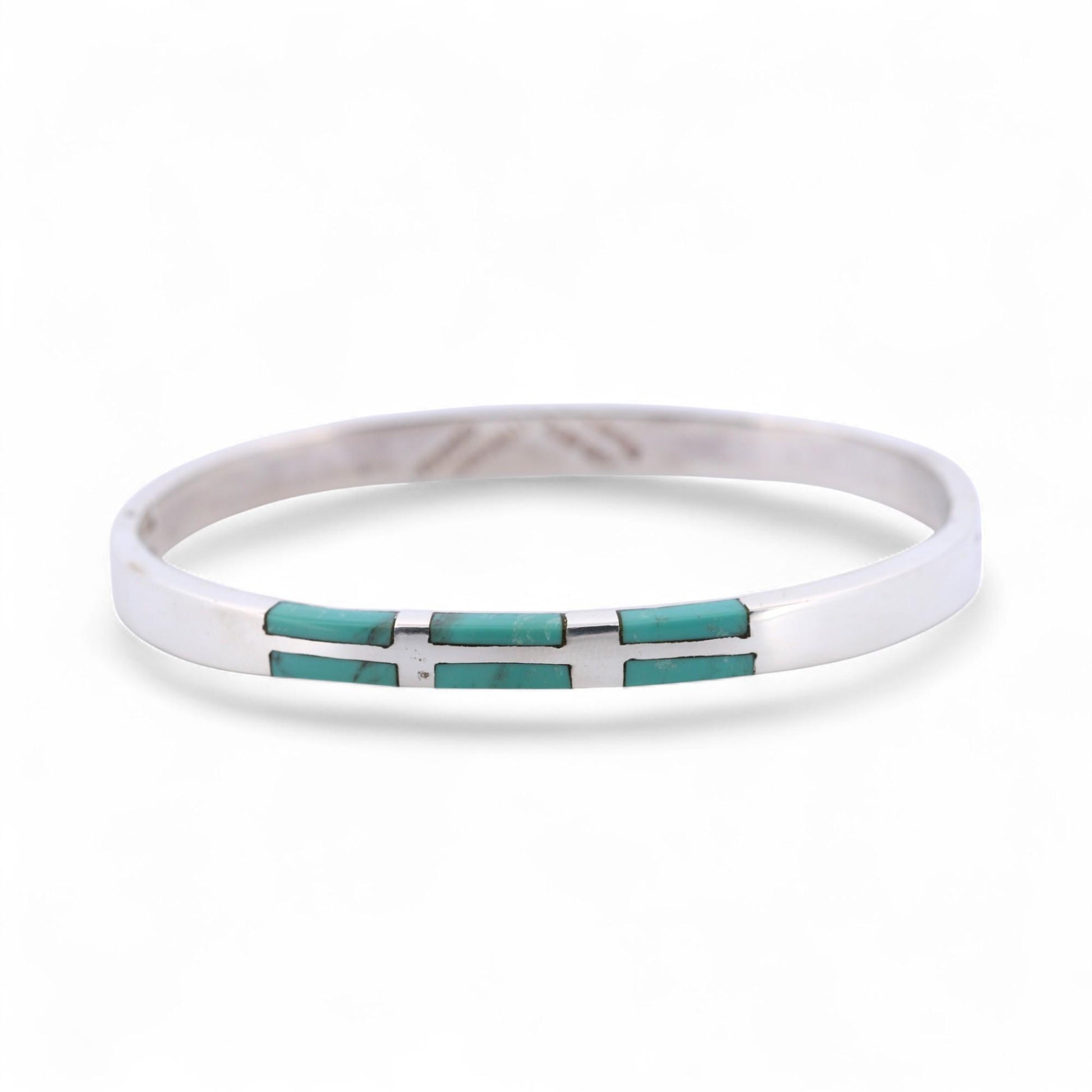 Sterling Silver Turquoise Inlay Bangle Mexico Modern Hinged Bracelet