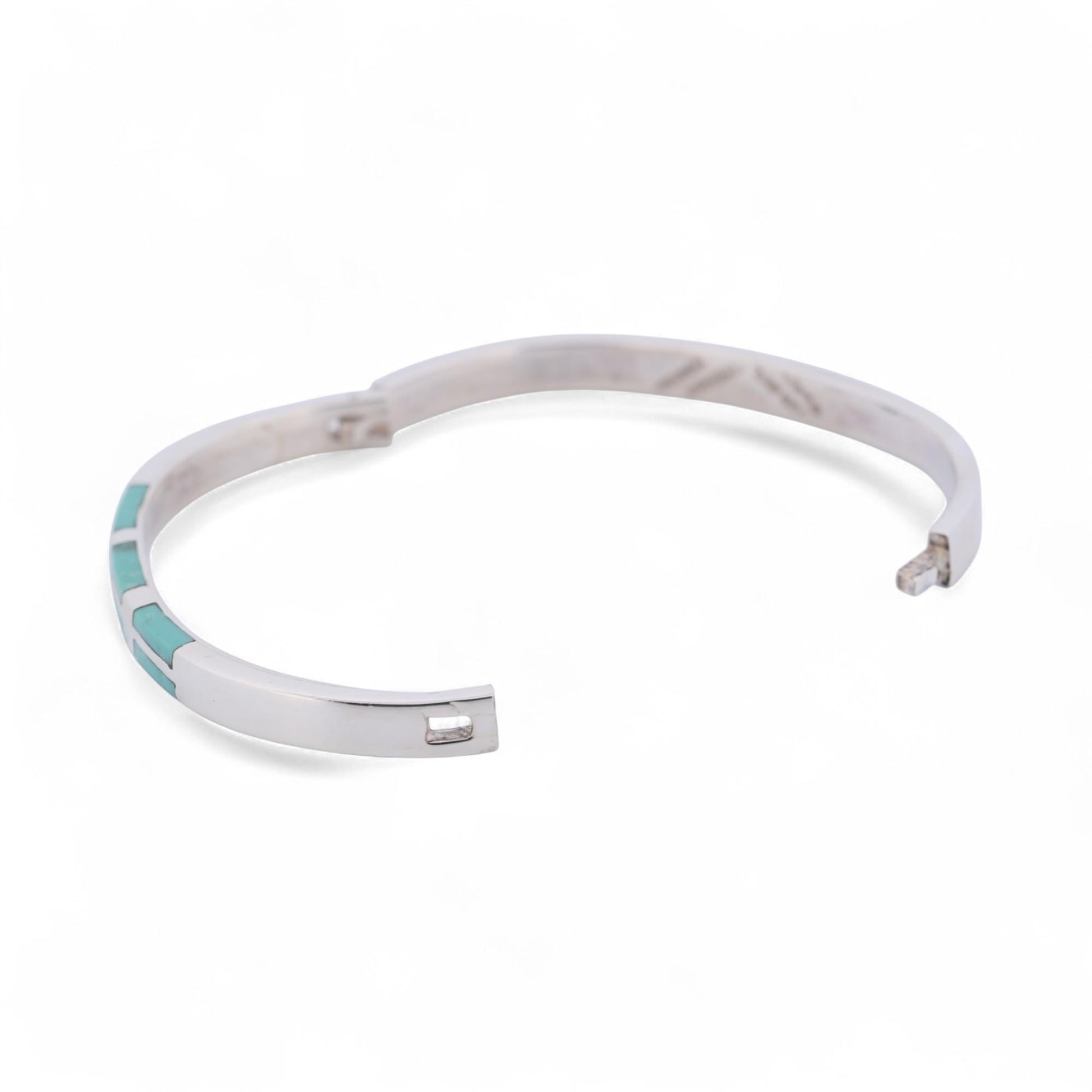 Sterling Silver Turquoise Inlay Bangle Mexico Modern Hinged Bracelet