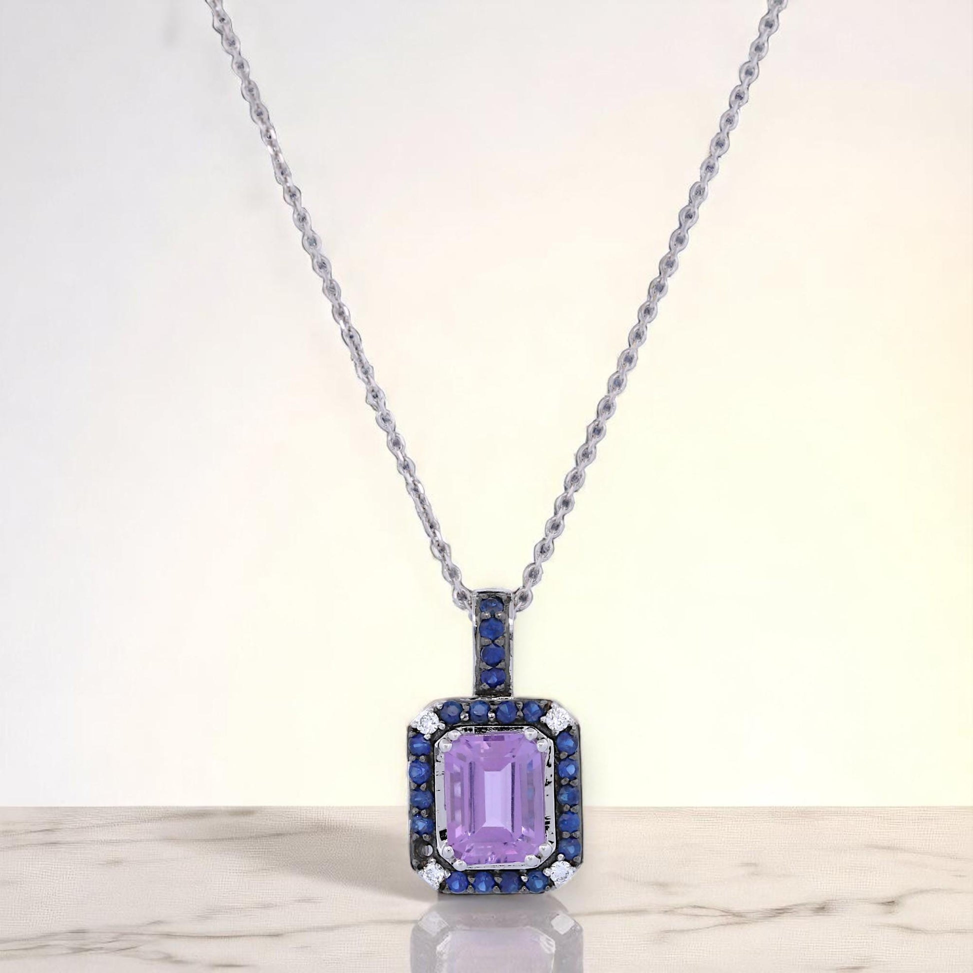LeVian Amethyst & Sapphire Pendant in 14K White Gold – 16" Chain